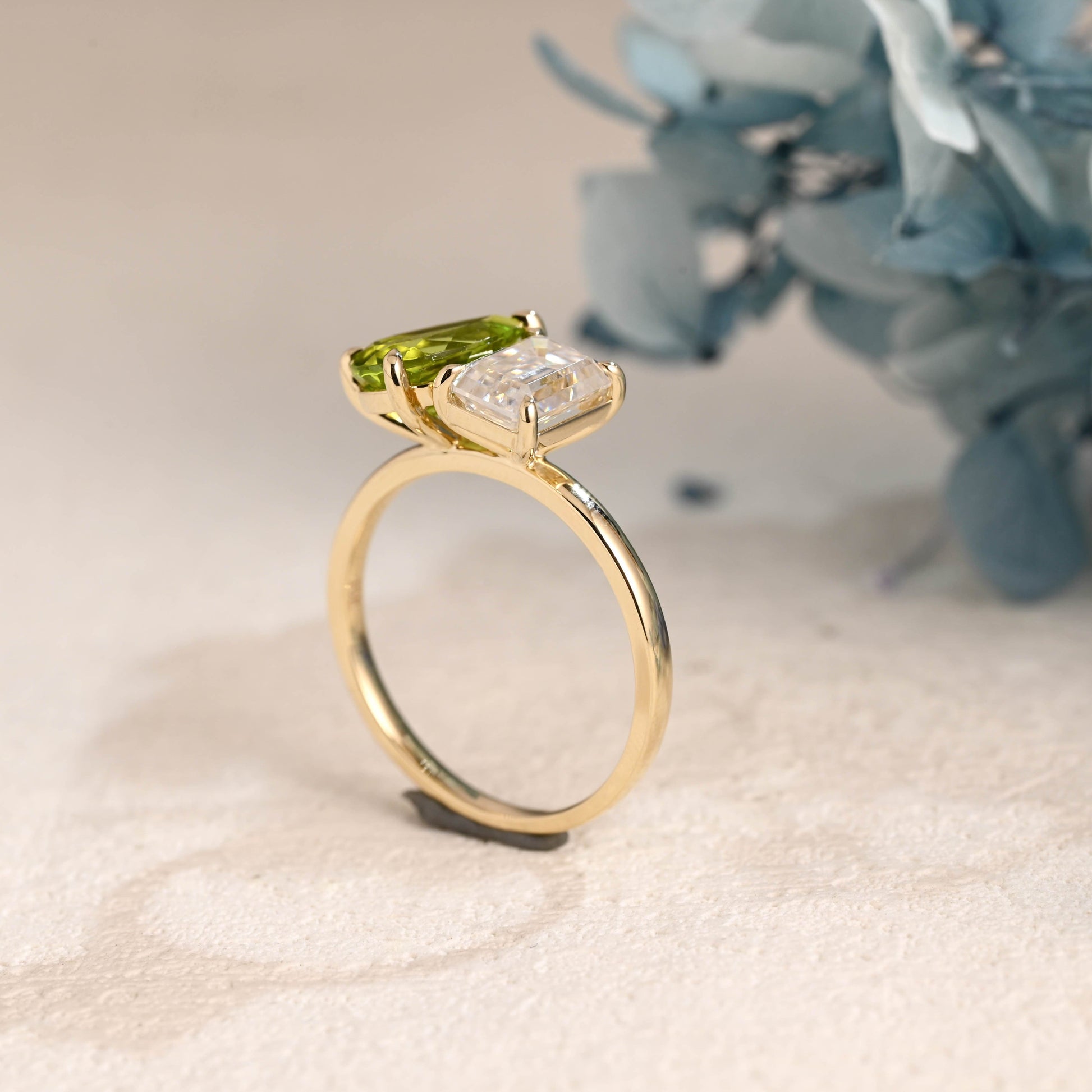 CausYou toi et moi engagement ring Solid Gold Toi et Moi Emerald Cut Moissanite & Green Natural Olivine Engagement Ring