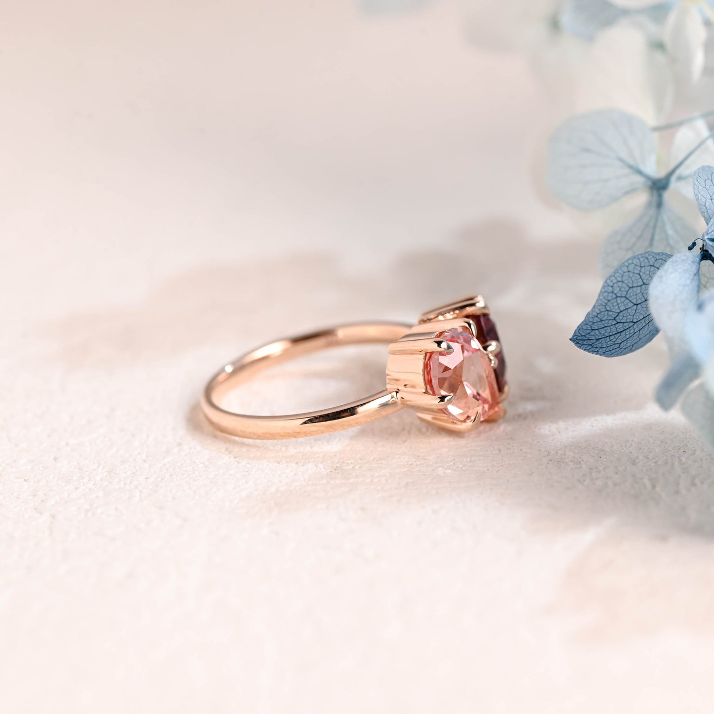 CausYou toi et moi engagement ring Solid Gold Toi Et Moi Heart Cut Garnet & Pear Cut Pink Sapphire Engagement Ring