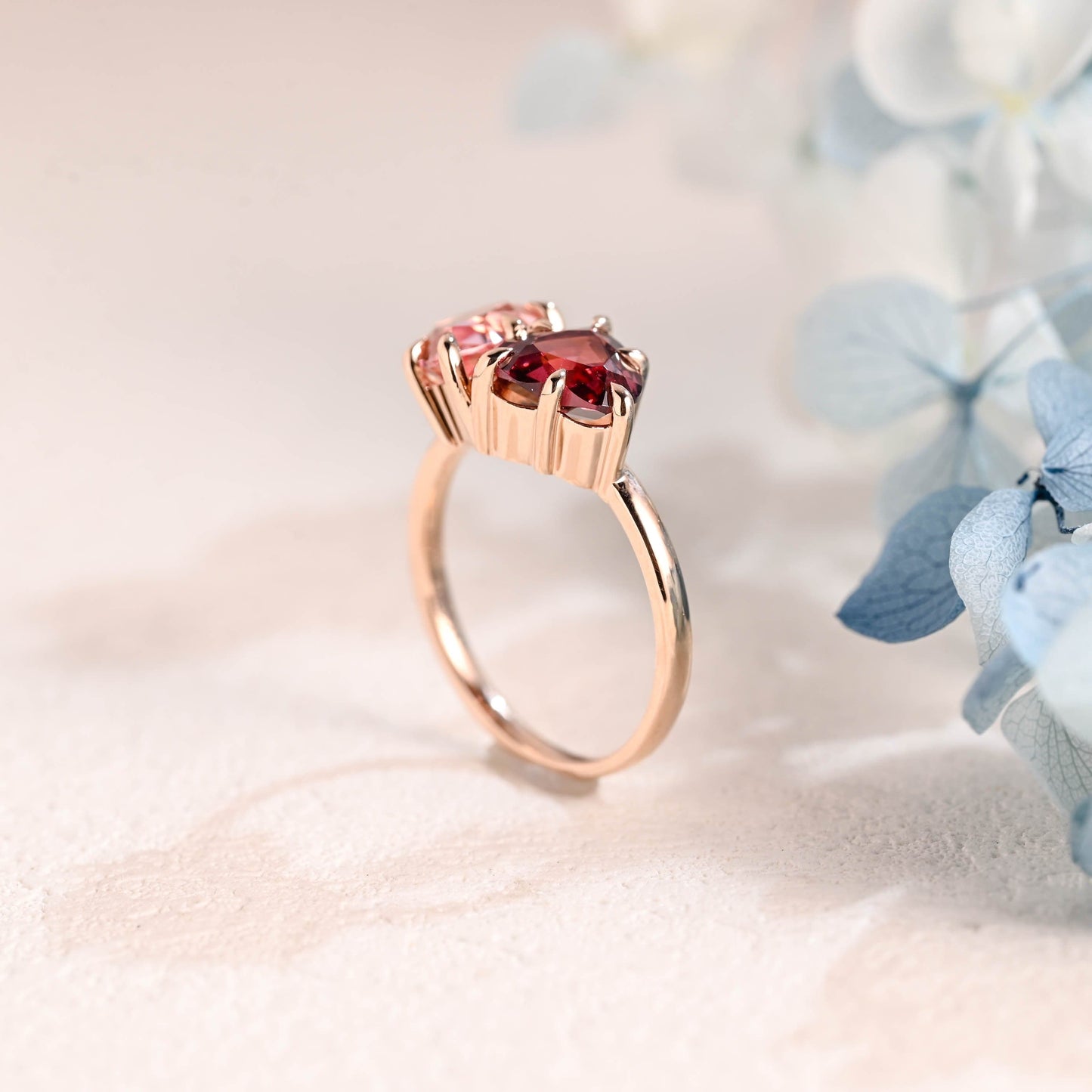 CausYou toi et moi engagement ring Solid Gold Toi Et Moi Heart Cut Garnet & Pear Cut Pink Sapphire Engagement Ring