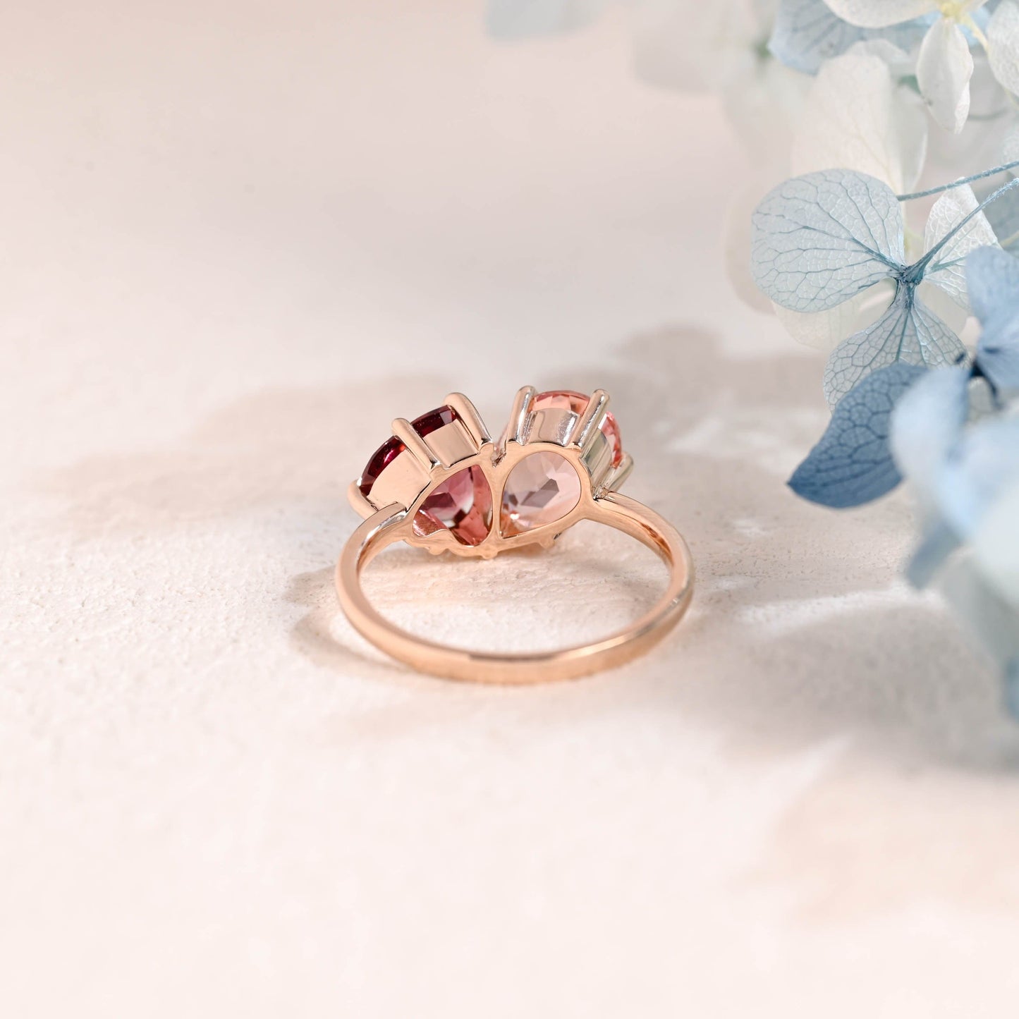 CausYou toi et moi engagement ring Solid Gold Toi Et Moi Heart Cut Garnet & Pear Cut Pink Sapphire Engagement Ring