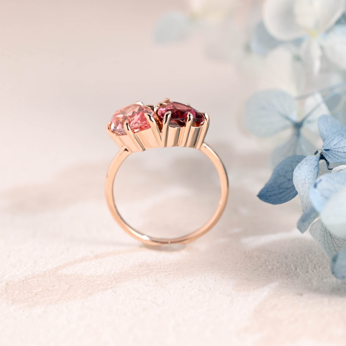 CausYou toi et moi engagement ring Solid Gold Toi Et Moi Heart Cut Garnet & Pear Cut Pink Sapphire Engagement Ring