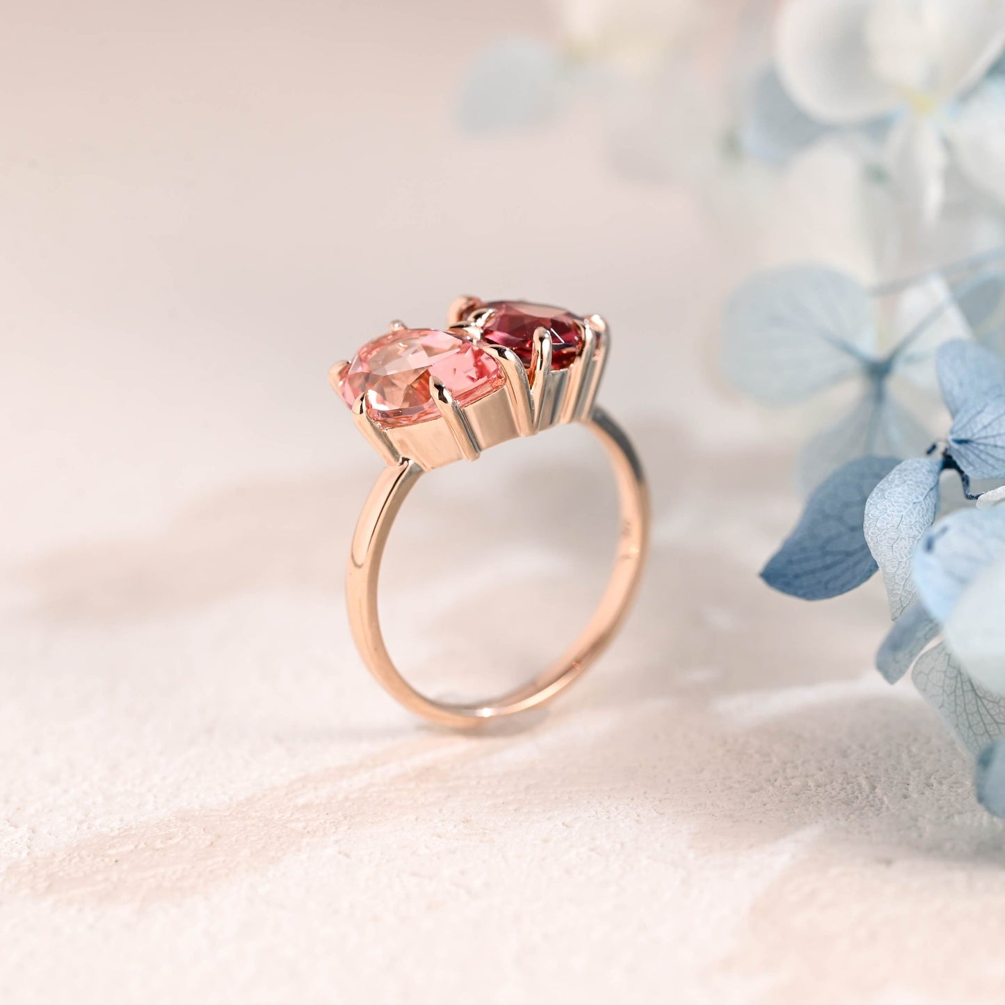 CausYou toi et moi engagement ring Solid Gold Toi Et Moi Heart Cut Garnet & Pear Cut Pink Sapphire Engagement Ring