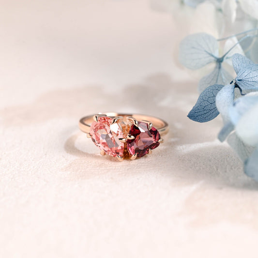 CausYou toi et moi engagement ring Solid Gold Toi Et Moi Heart Cut Garnet & Pear Cut Pink Sapphire Engagement Ring