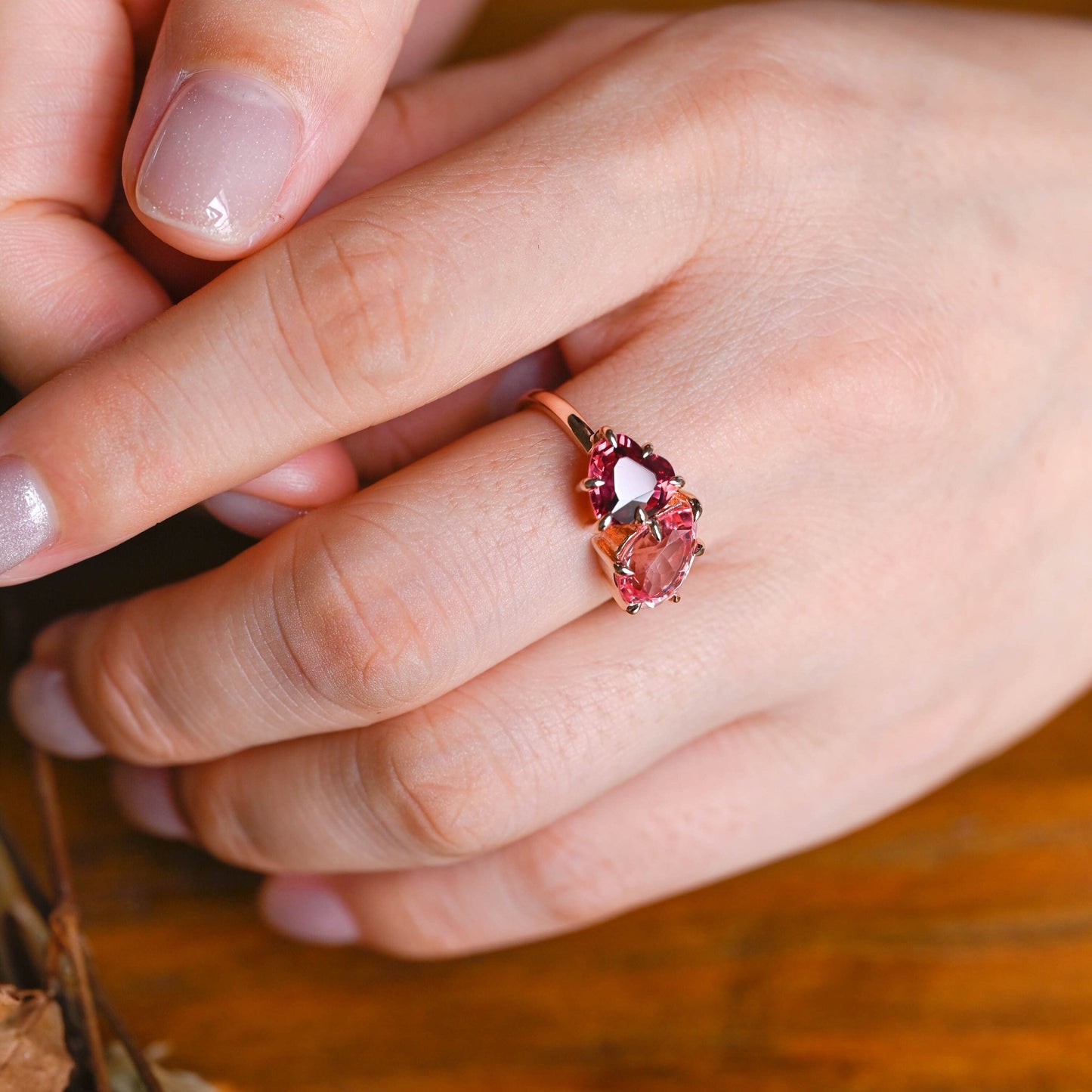 CausYou toi et moi engagement ring Solid Gold Toi Et Moi Heart Cut Garnet & Pear Cut Pink Sapphire Engagement Ring