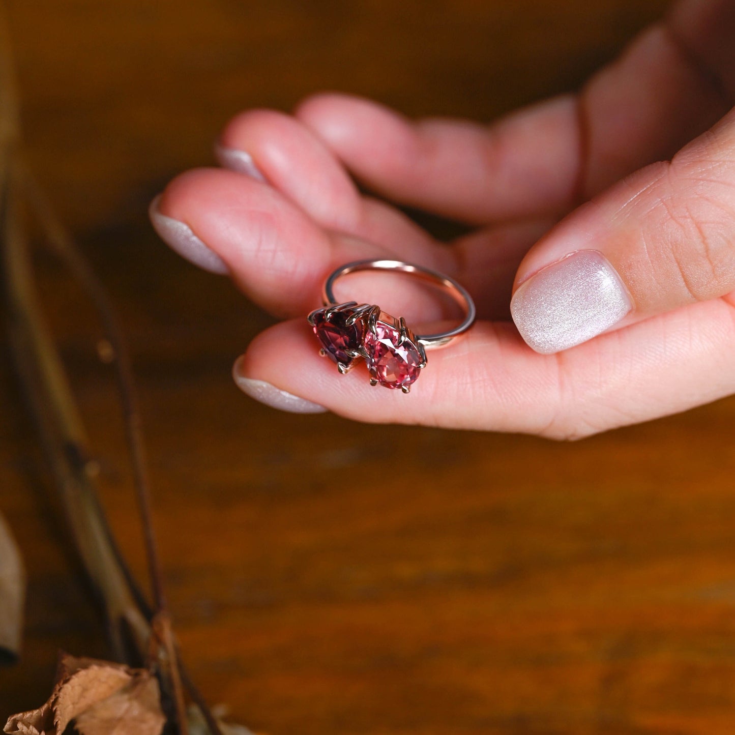 CausYou toi et moi engagement ring Solid Gold Toi Et Moi Heart Cut Garnet & Pear Cut Pink Sapphire Engagement Ring
