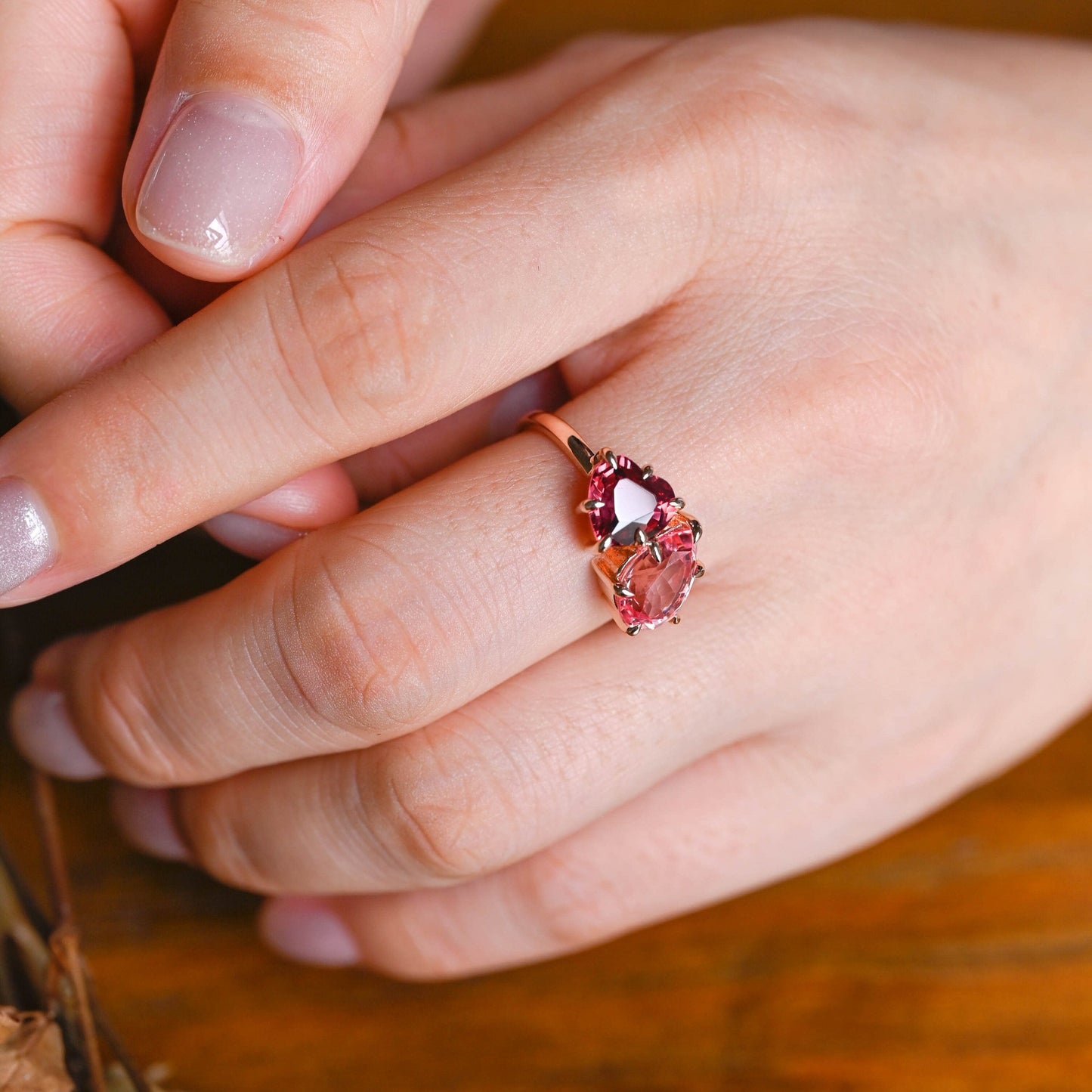 CausYou toi et moi engagement ring Solid Gold Toi Et Moi Heart Garnet & Pink Pear Moissanite Engagement Ring
