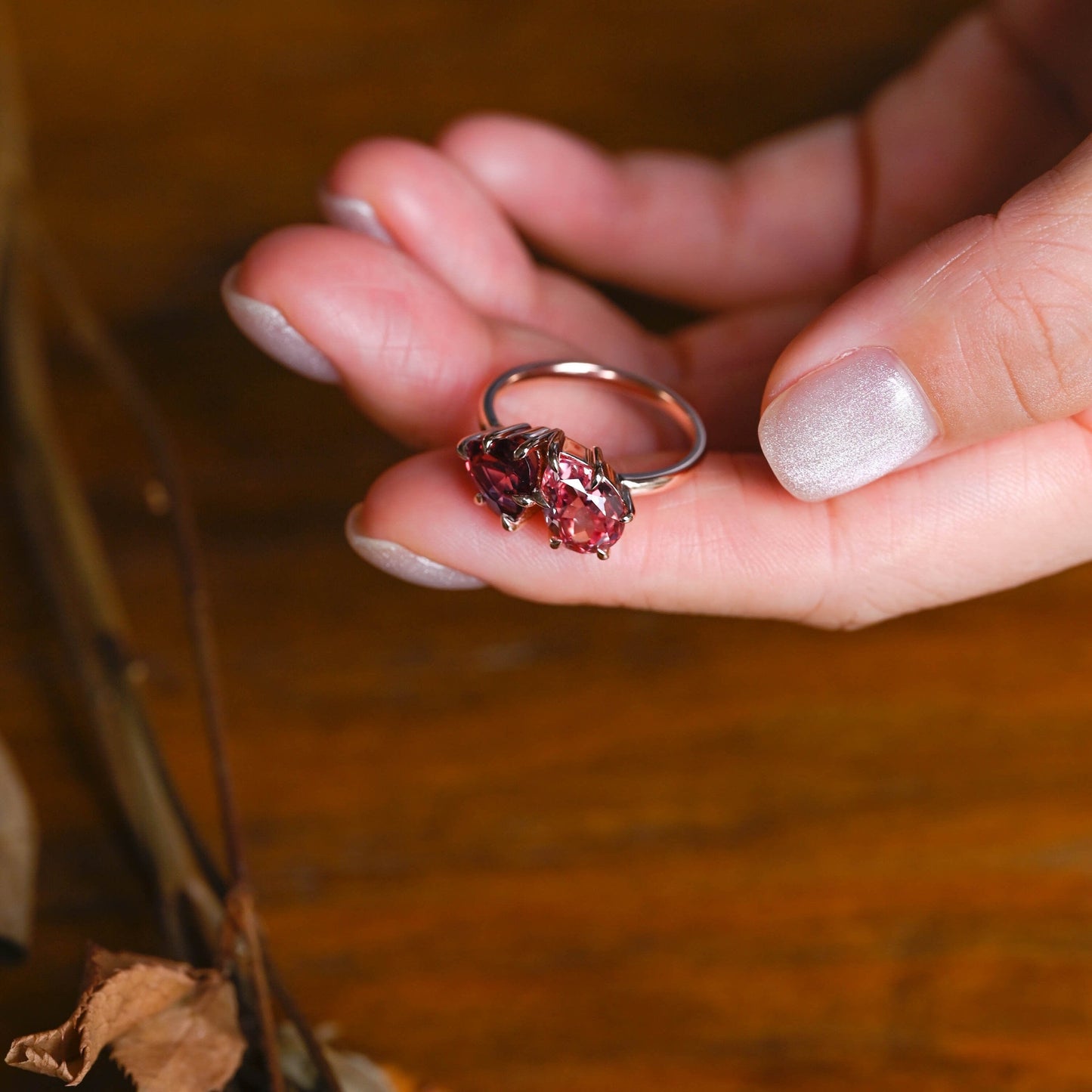 CausYou toi et moi engagement ring Solid Gold Toi Et Moi Heart Garnet & Pink Pear Moissanite Engagement Ring