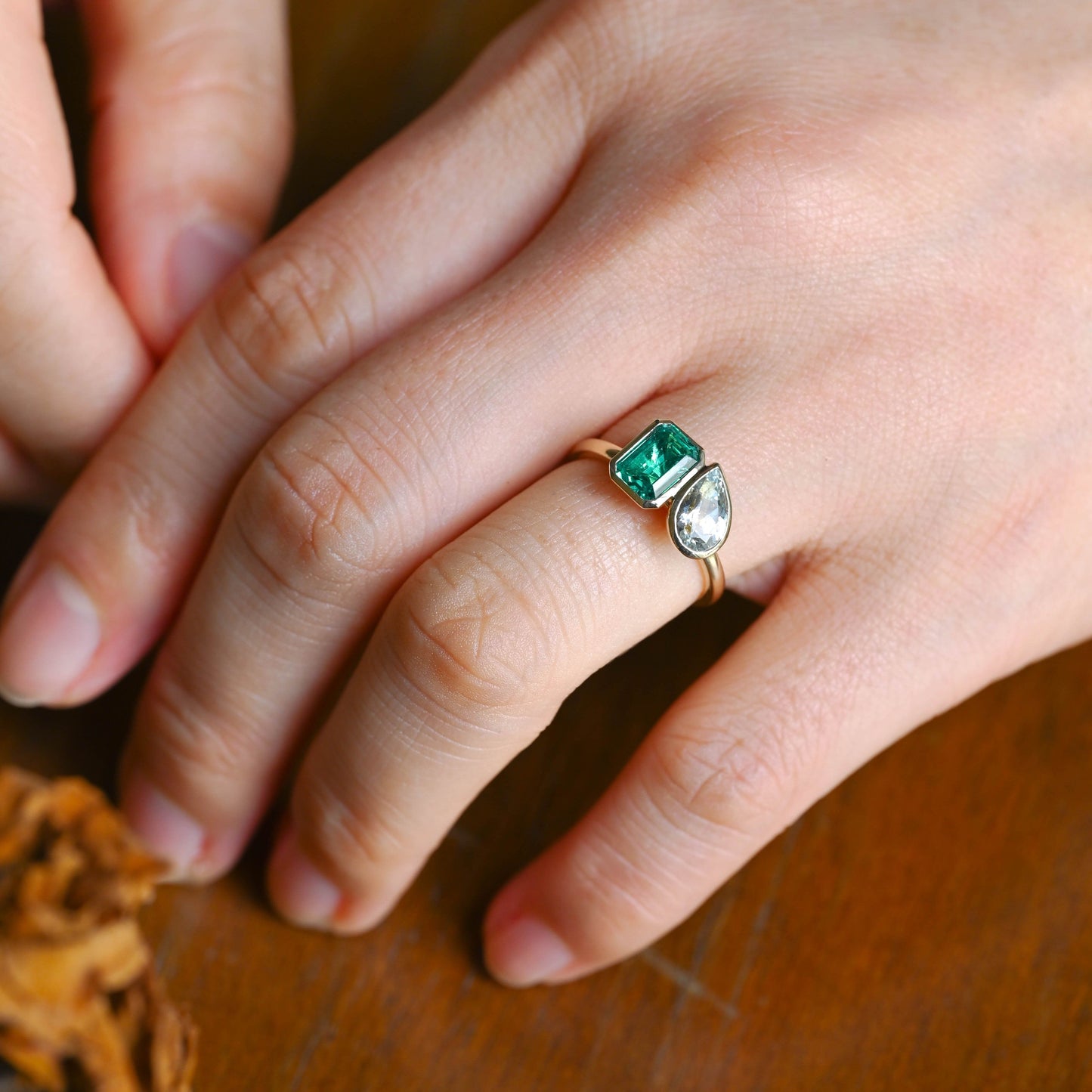 CausYou toi et moi engagement ring Solid Gold Toi et Moi Lab Grown Emerald & Pear Cut Aquamarine Sapphire Engagement Ring