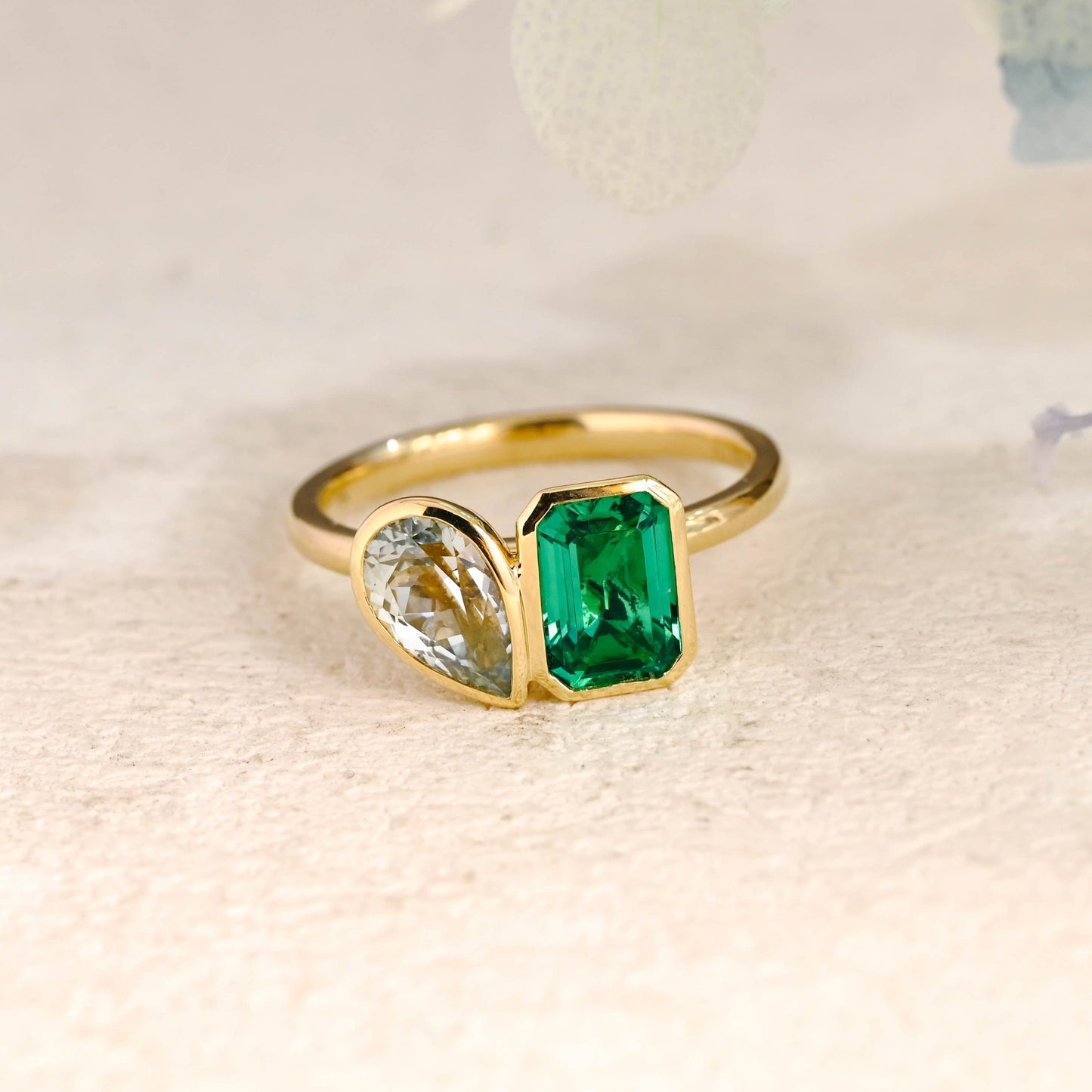 CausYou toi et moi engagement ring Solid Gold Toi et Moi Lab Grown Emerald & Pear Cut Aquamarine Sapphire Engagement Ring