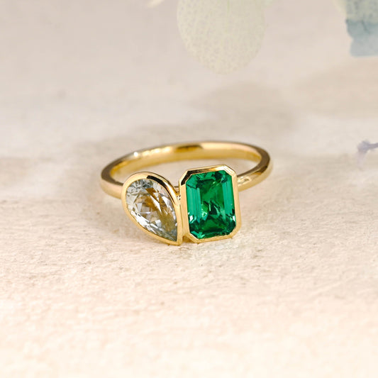 CausYou toi et moi engagement ring Solid Gold Toi et Moi Lab Grown Emerald & Pear Cut Aquamarine Sapphire Engagement Ring