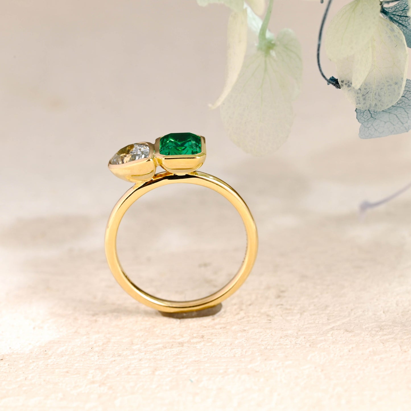 CausYou toi et moi engagement ring Solid Gold Toi et Moi Lab Grown Emerald & Pear Cut Aquamarine Sapphire Engagement Ring