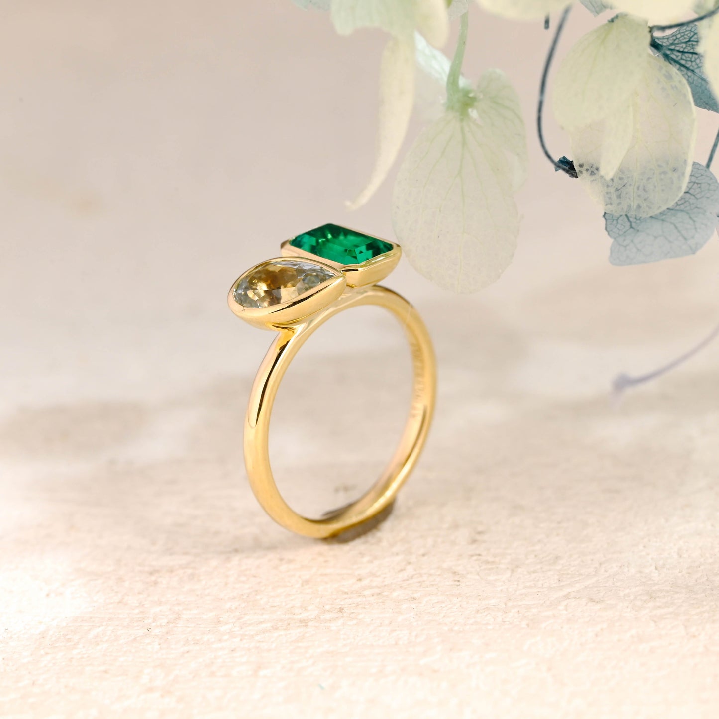 CausYou toi et moi engagement ring Solid Gold Toi et Moi Lab Grown Emerald & Pear Cut Aquamarine Sapphire Engagement Ring