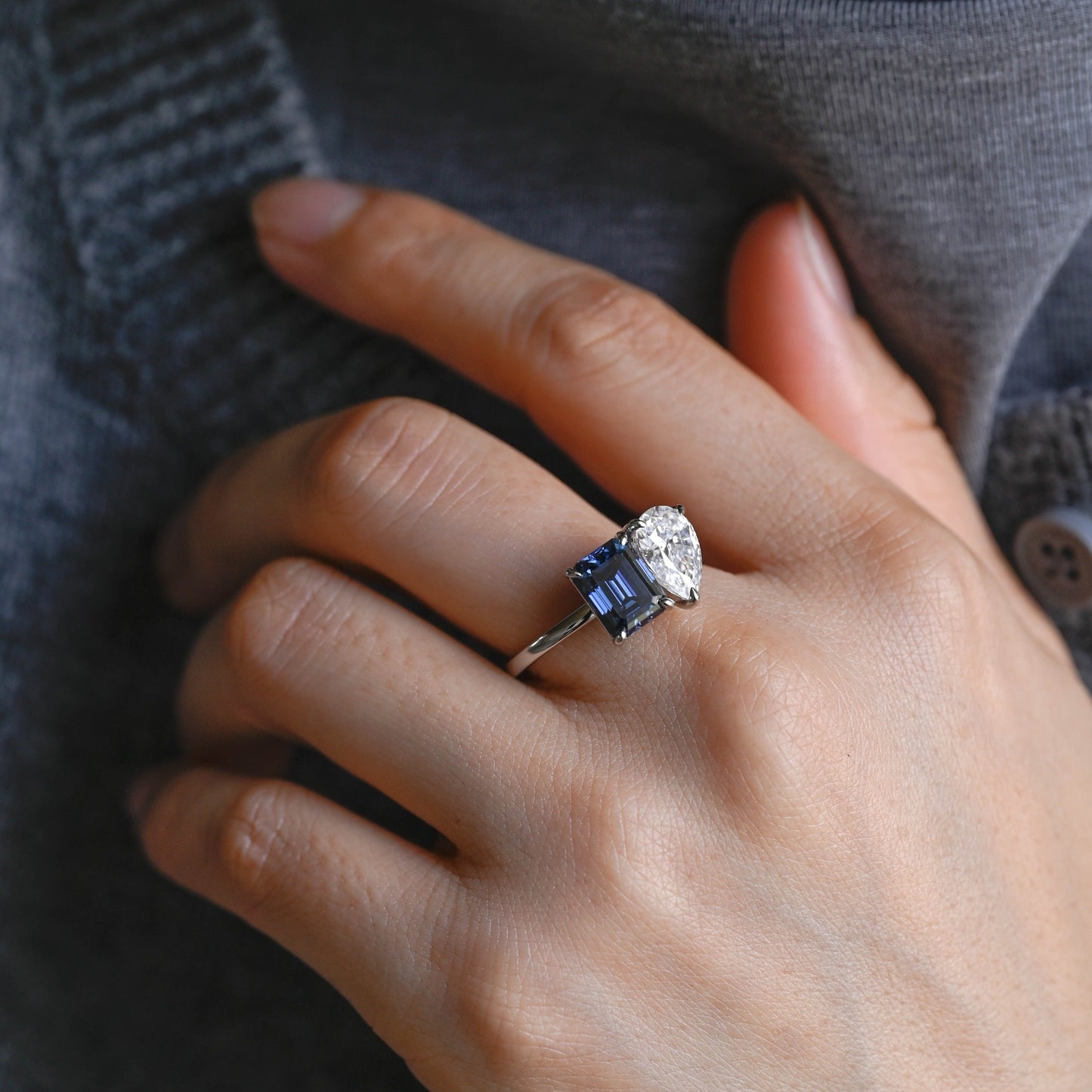 CausYou toi et moi engagement ring Solid Gold Toi Et Moi Ring, Blue Emerald Cut Moissanite & Pear Cut Moissanite Engagement Ring, Promise Ring