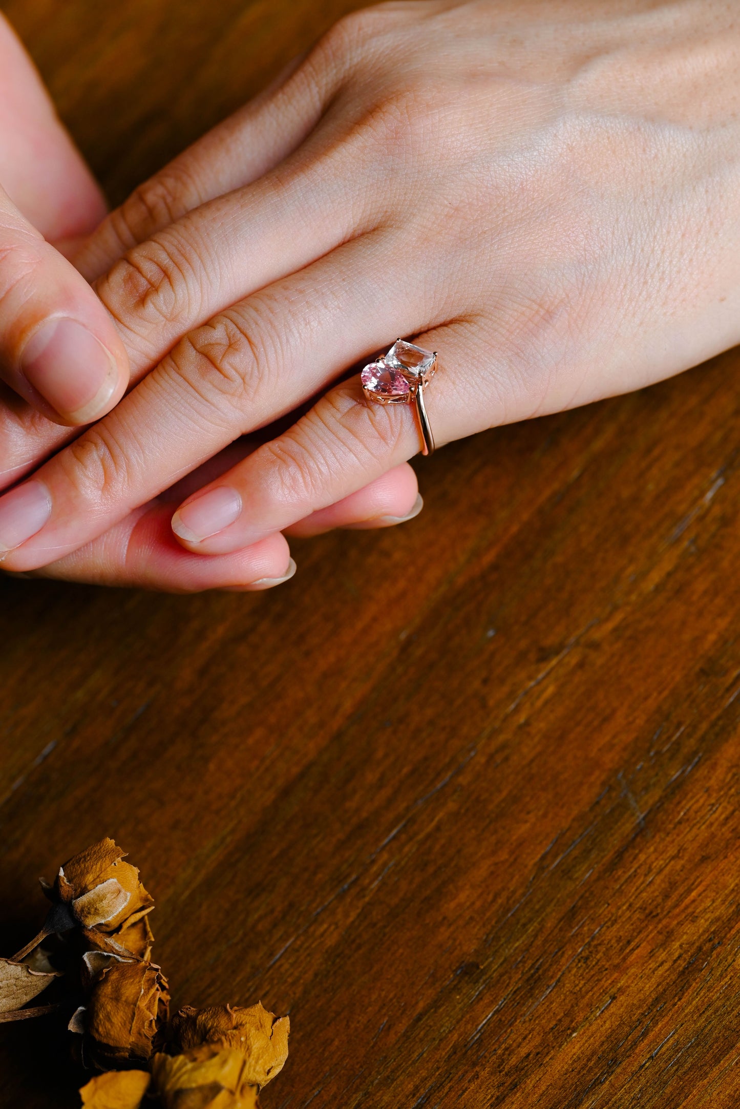 CausYou toi et moi engagement ring Solid Gold Toi et Moi Ring, Bypass Emerald Cut Moissanite & Pink Lab Sapphire Engagement Ring