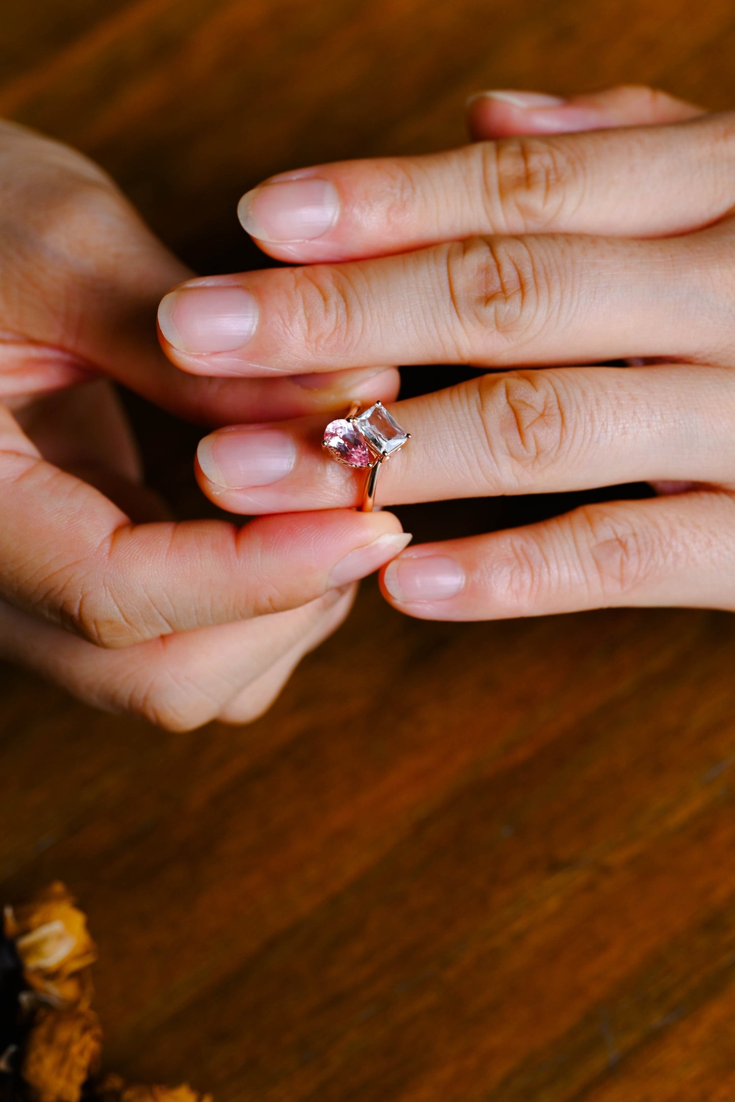 CausYou toi et moi engagement ring Solid Gold Toi et Moi Ring, Bypass Emerald Cut Moissanite & Pink Lab Sapphire Engagement Ring