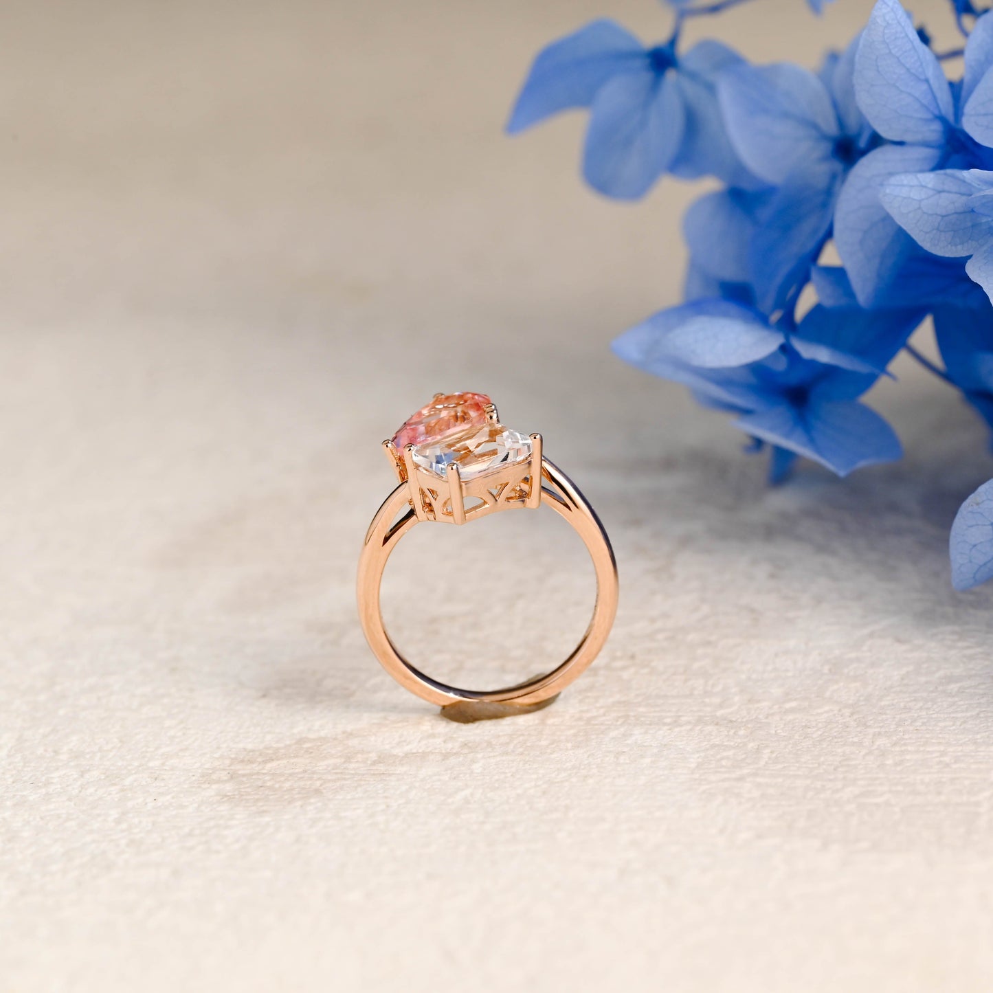CausYou toi et moi engagement ring Solid Gold Toi et Moi Ring, Bypass Emerald Cut Moissanite & Pink Lab Sapphire Engagement Ring