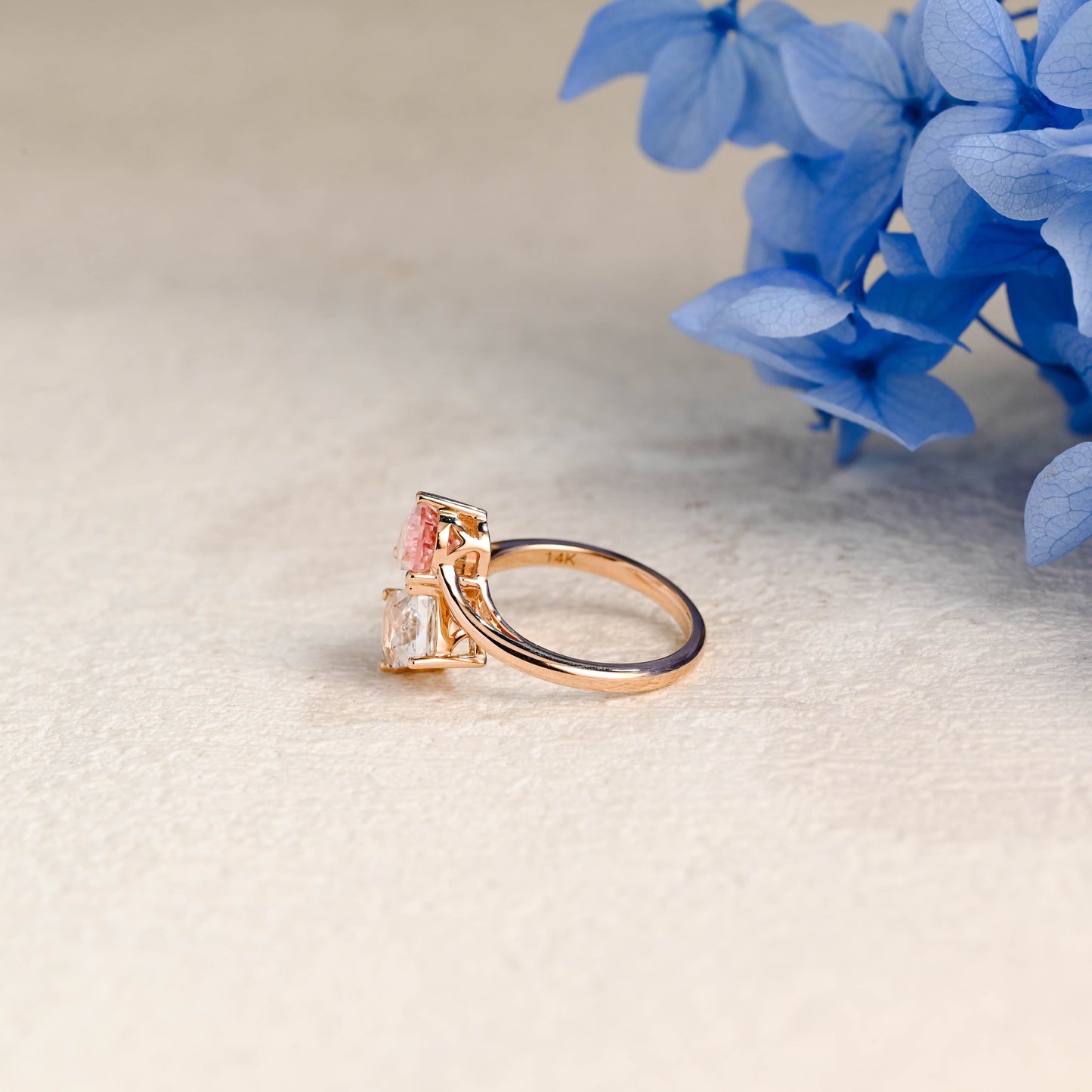 CausYou toi et moi engagement ring Solid Gold Toi et Moi Ring, Bypass Emerald Cut Moissanite & Pink Lab Sapphire Engagement Ring