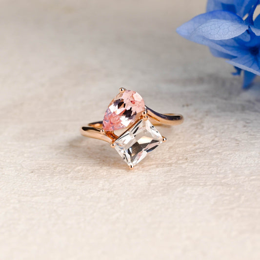 CausYou toi et moi engagement ring Solid Gold Toi et Moi Ring, Bypass Emerald Cut Moissanite & Pink Lab Sapphire Engagement Ring