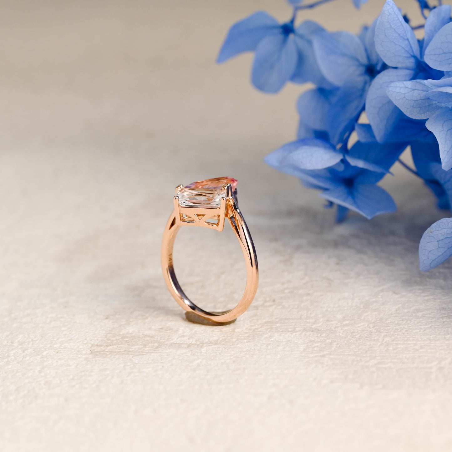 CausYou toi et moi engagement ring Solid Gold Toi et Moi Ring, Bypass Emerald Cut Moissanite & Pink Lab Sapphire Engagement Ring