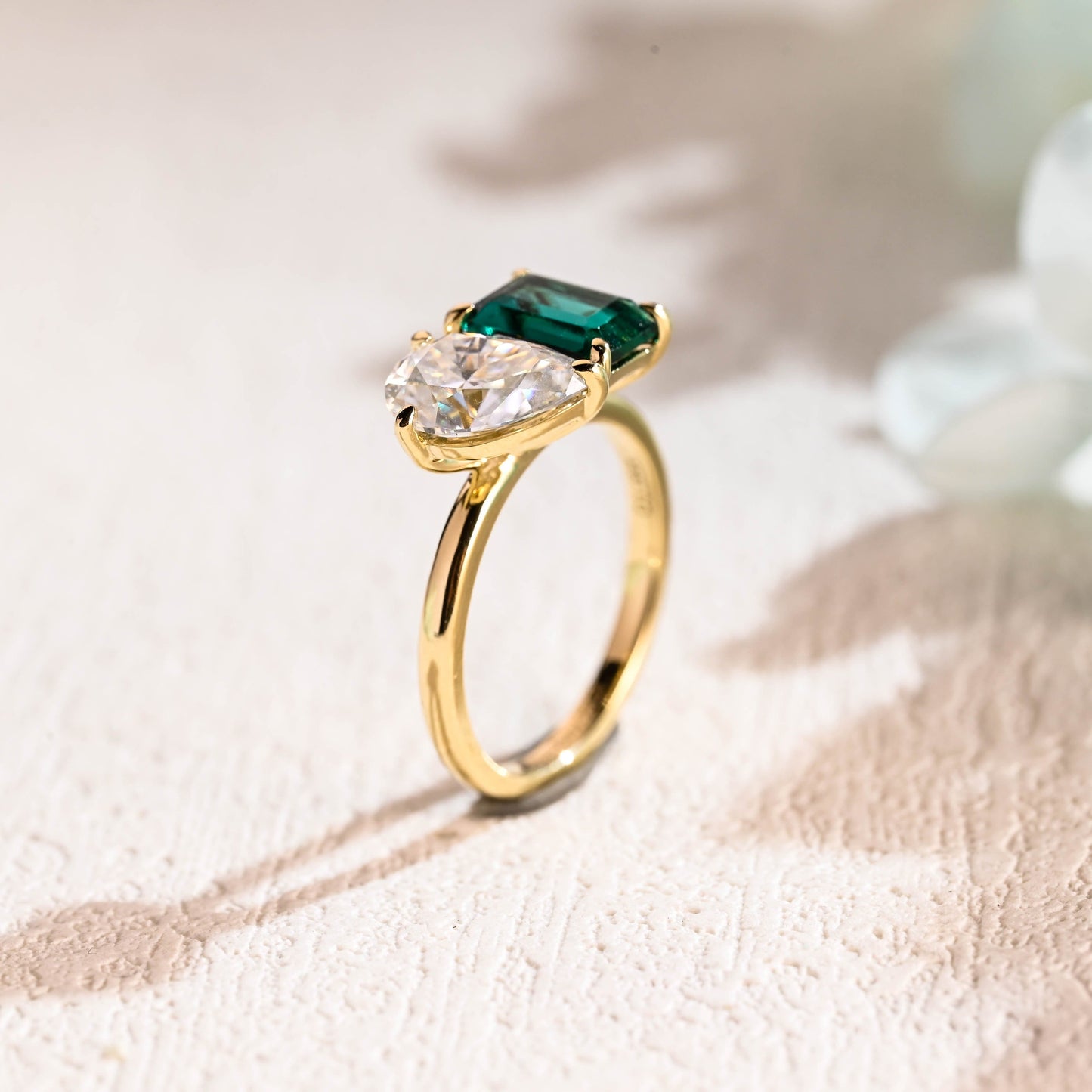 CausYou toi et moi engagement ring Solid Gold Toi et Moi Ring, Lab Grown Emerald & Pear Cut Moissanite Engagament Ring, Promise Ring, Gift for Women Wife