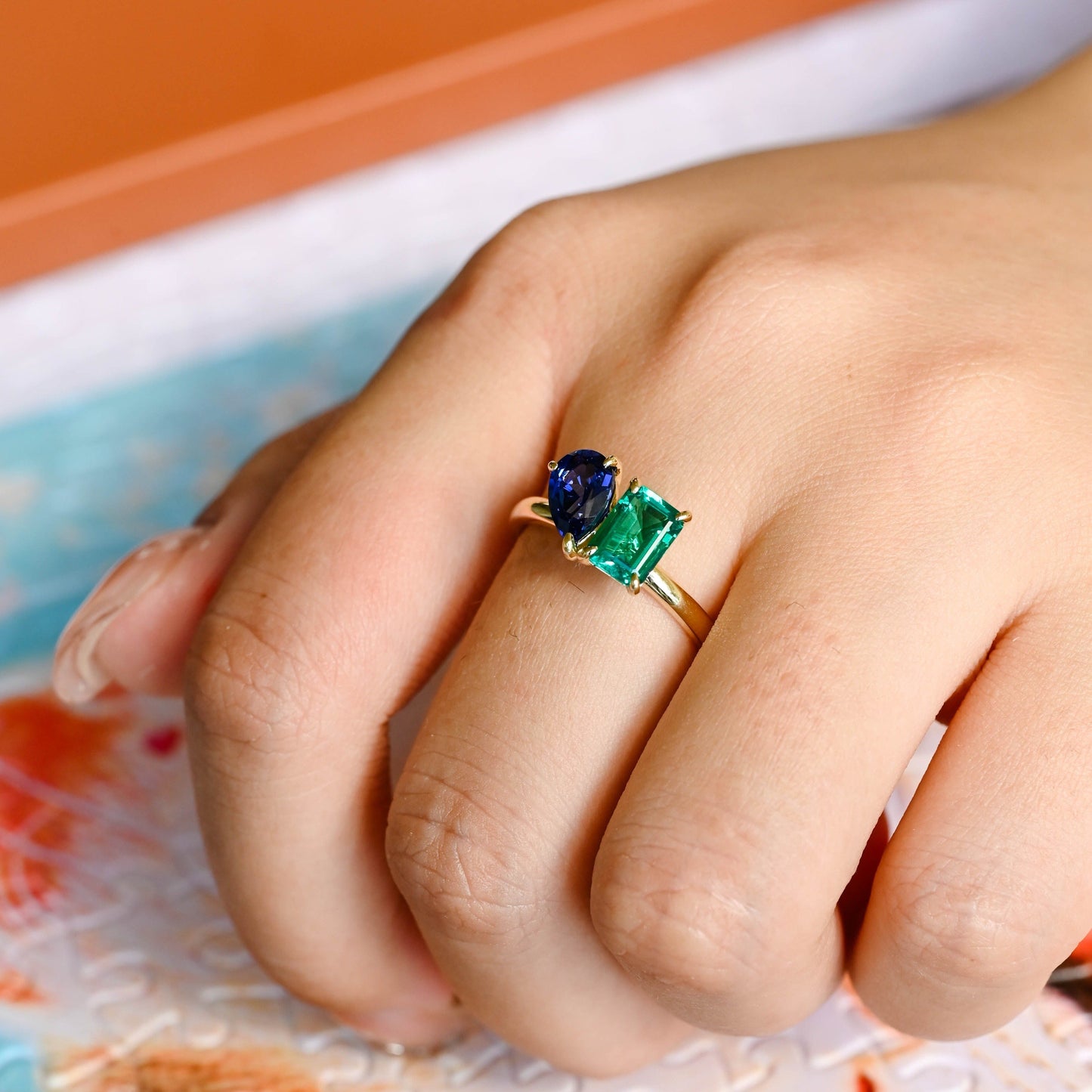 CausYou toi et moi engagement ring Solid Gold Toi Et Moi Ring, Lab Grown Emerald & Pear Cut Sapphire Engagement Ring, Promise Ring