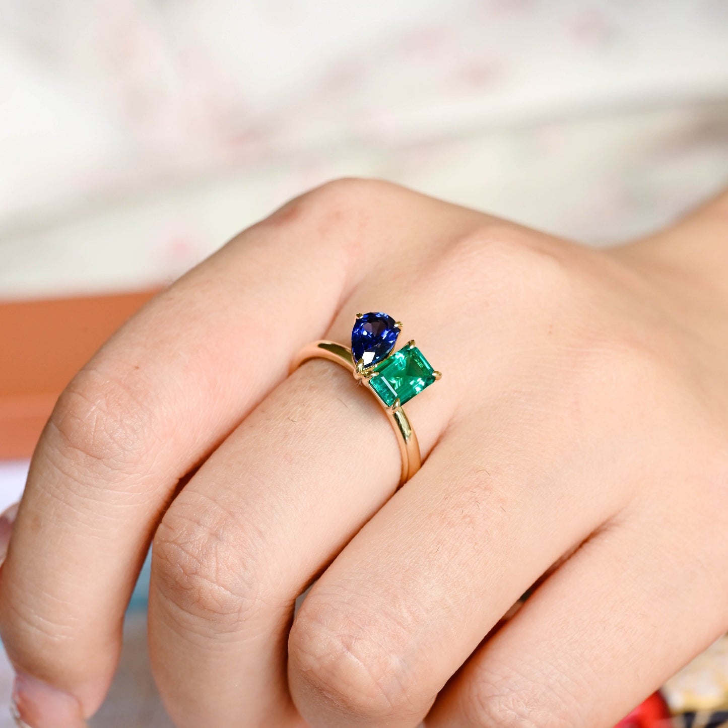 CausYou toi et moi engagement ring Solid Gold Toi Et Moi Ring, Lab Grown Emerald & Pear Cut Sapphire Engagement Ring, Promise Ring