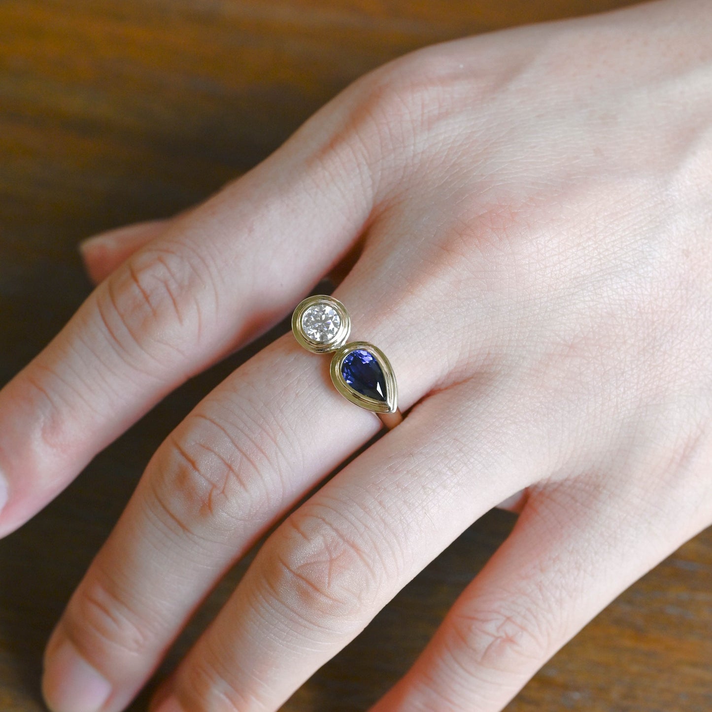 CausYou toi et moi engagement ring Solid Gold Toi Et Moi Ring, Pear Cut Blue Lab Sapphire & Round Cut Moissanite Engagement Ring