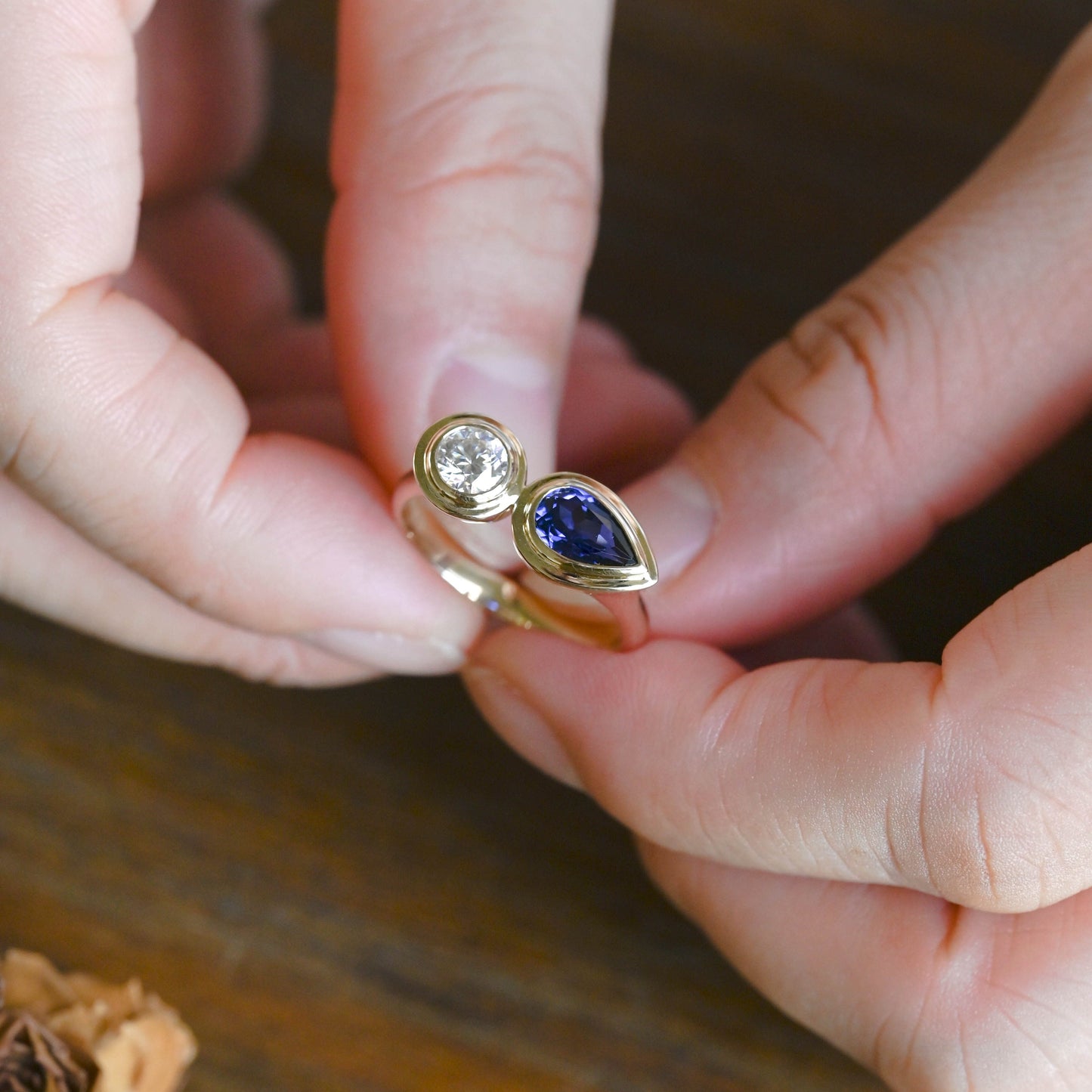 CausYou toi et moi engagement ring Solid Gold Toi Et Moi Ring, Pear Cut Blue Lab Sapphire & Round Cut Moissanite Engagement Ring