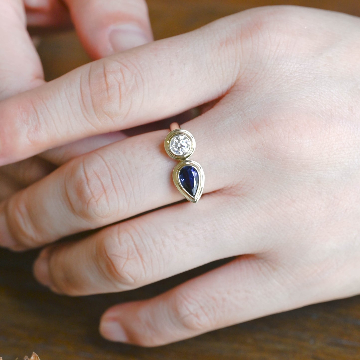 CausYou toi et moi engagement ring Solid Gold Toi Et Moi Ring, Pear Cut Blue Lab Sapphire & Round Cut Moissanite Engagement Ring