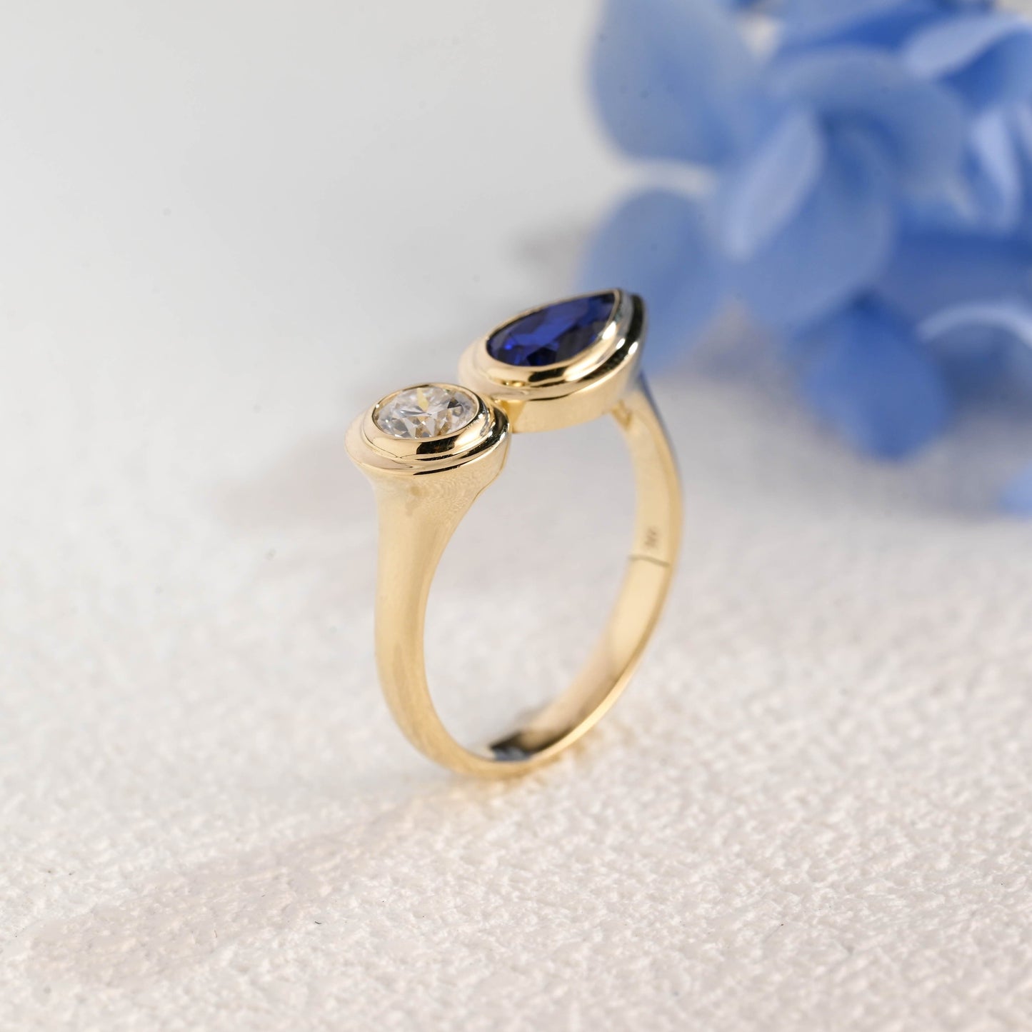 CausYou toi et moi engagement ring Solid Gold Toi Et Moi Ring, Pear Cut Blue Lab Sapphire & Round Cut Moissanite Engagement Ring