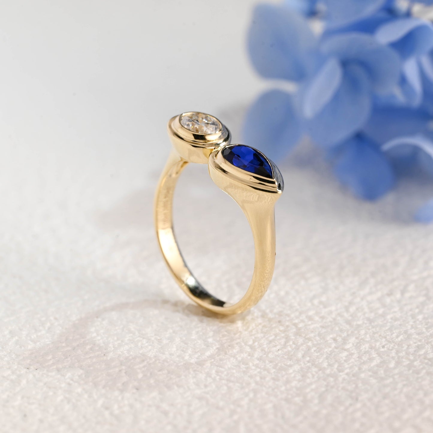 CausYou toi et moi engagement ring Solid Gold Toi Et Moi Ring, Pear Cut Blue Lab Sapphire & Round Cut Moissanite Engagement Ring