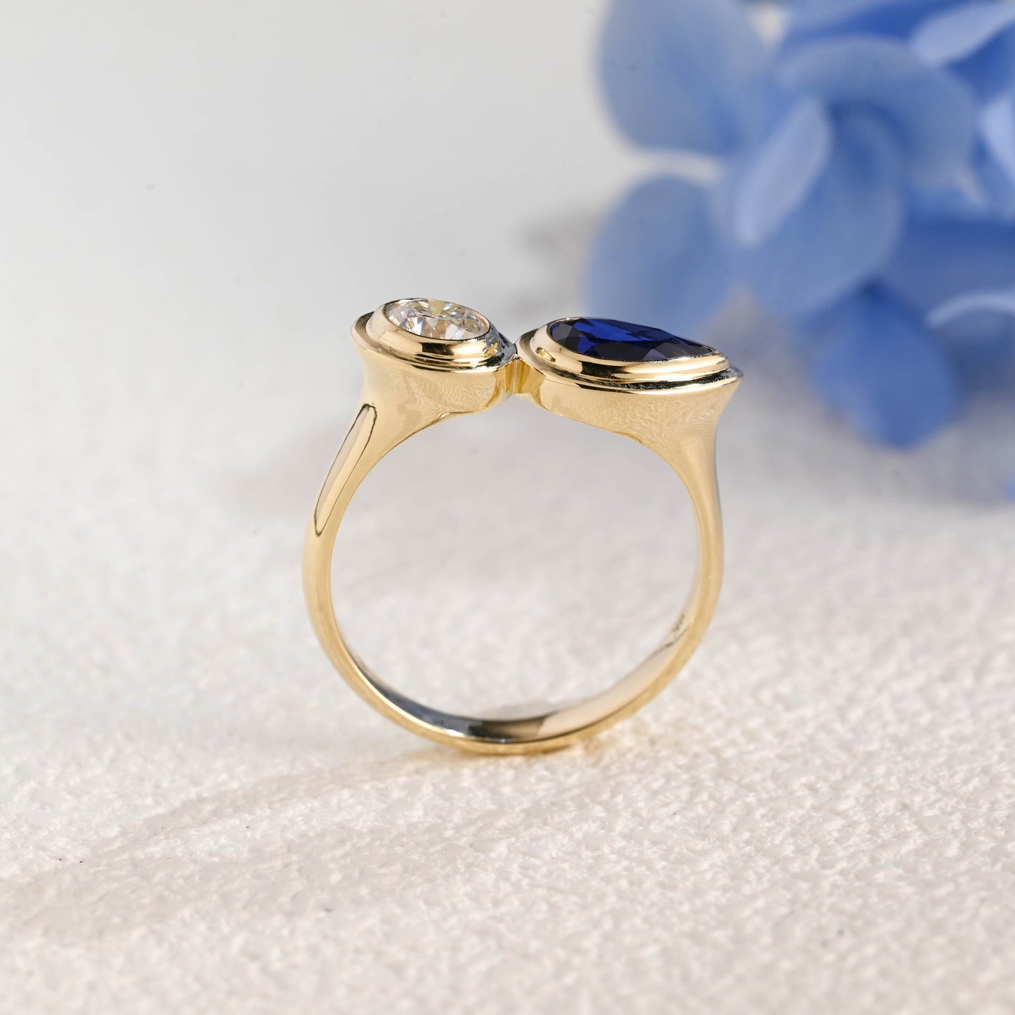 CausYou toi et moi engagement ring Solid Gold Toi Et Moi Ring, Pear Cut Blue Lab Sapphire & Round Cut Moissanite Engagement Ring