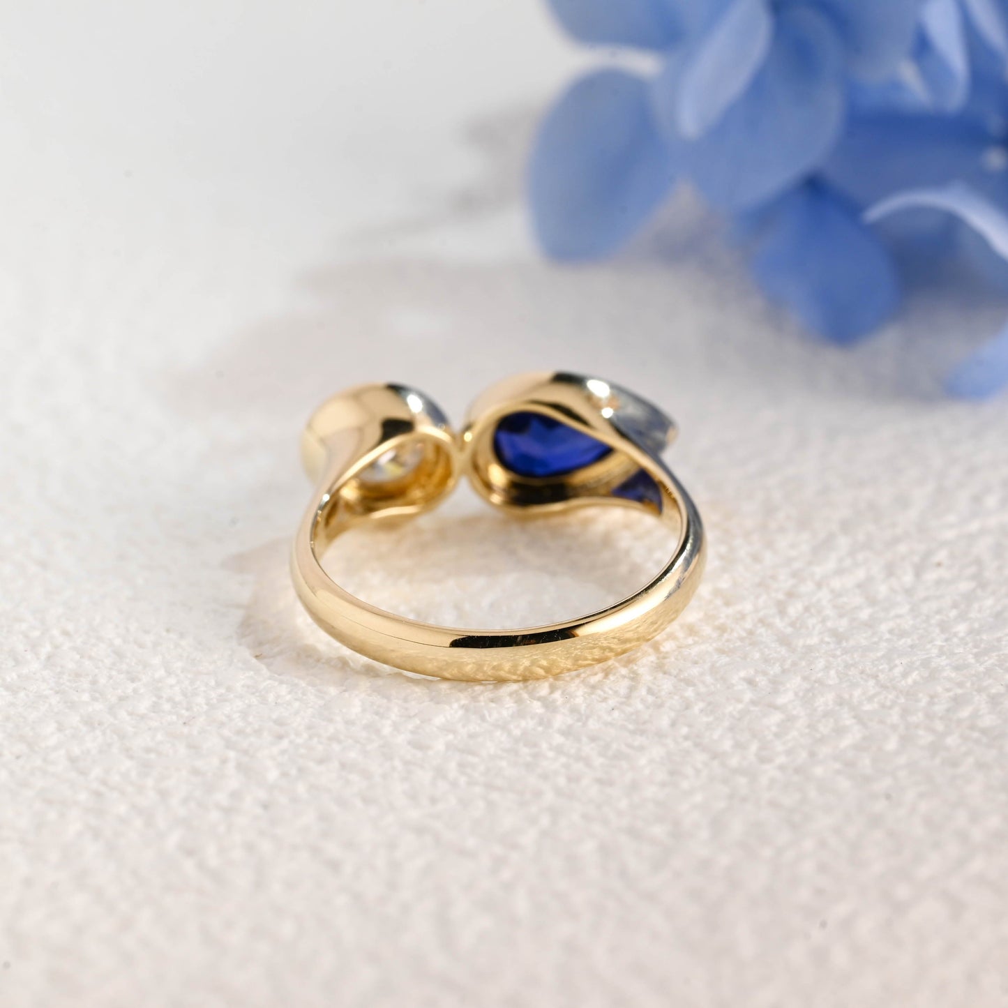 CausYou toi et moi engagement ring Solid Gold Toi Et Moi Ring, Pear Cut Blue Lab Sapphire & Round Cut Moissanite Engagement Ring