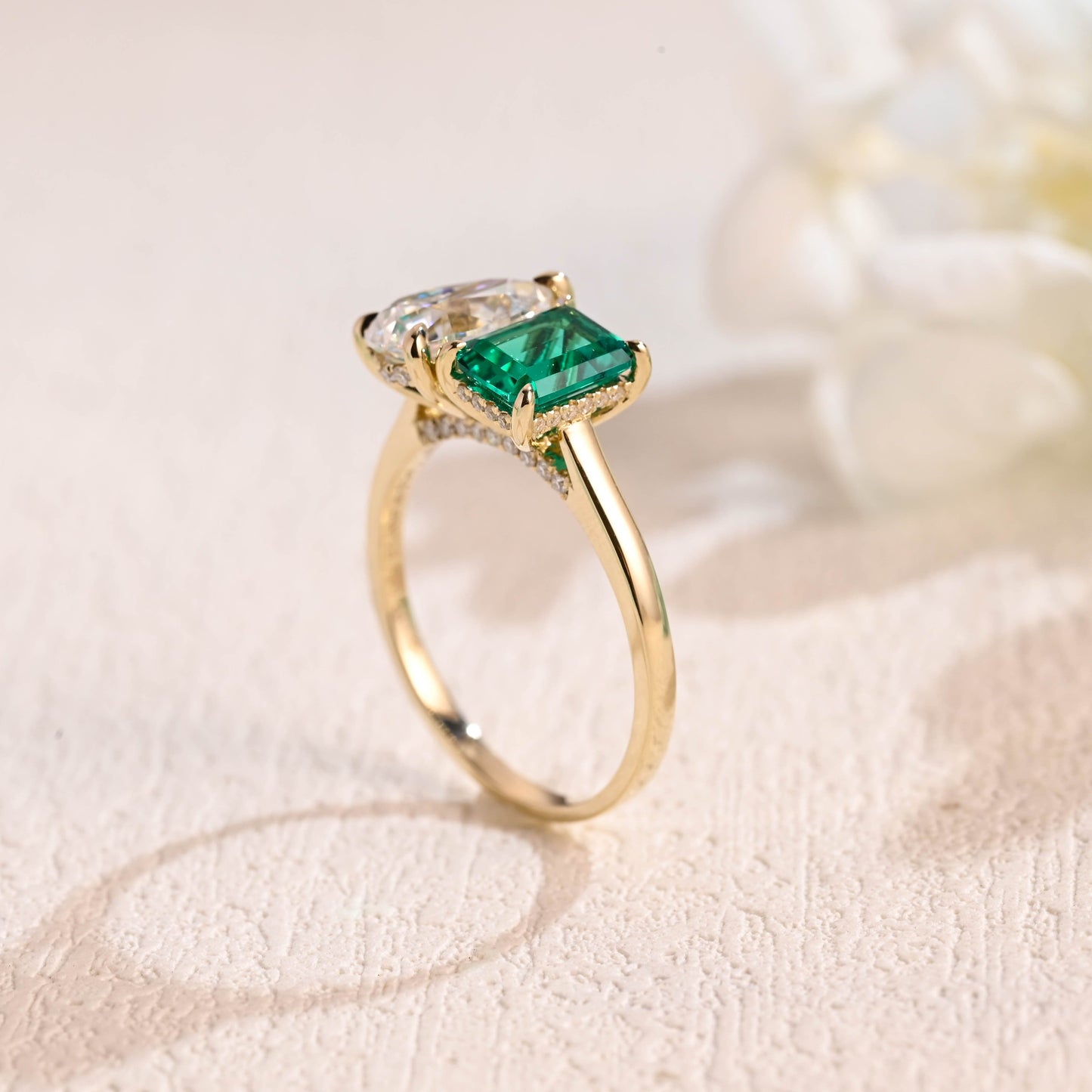 CausYou toi et moi engagement ring Solid Gold Toi Et Moi Ring, Pear Cut Moissanite & Lab Grown Emerald Engagement Ring, Promise Ring