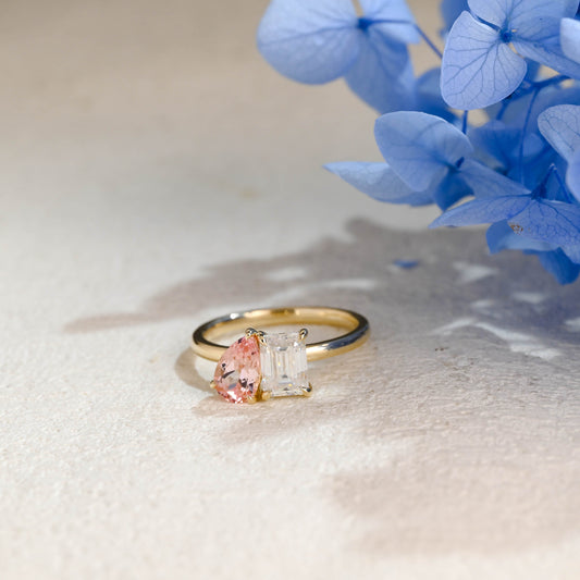 CausYou toi et moi engagement ring Solid Gold Toi et Moi Ring, Pear Lab Grown Sapphire & Emerald Moissanite Engagament Ring