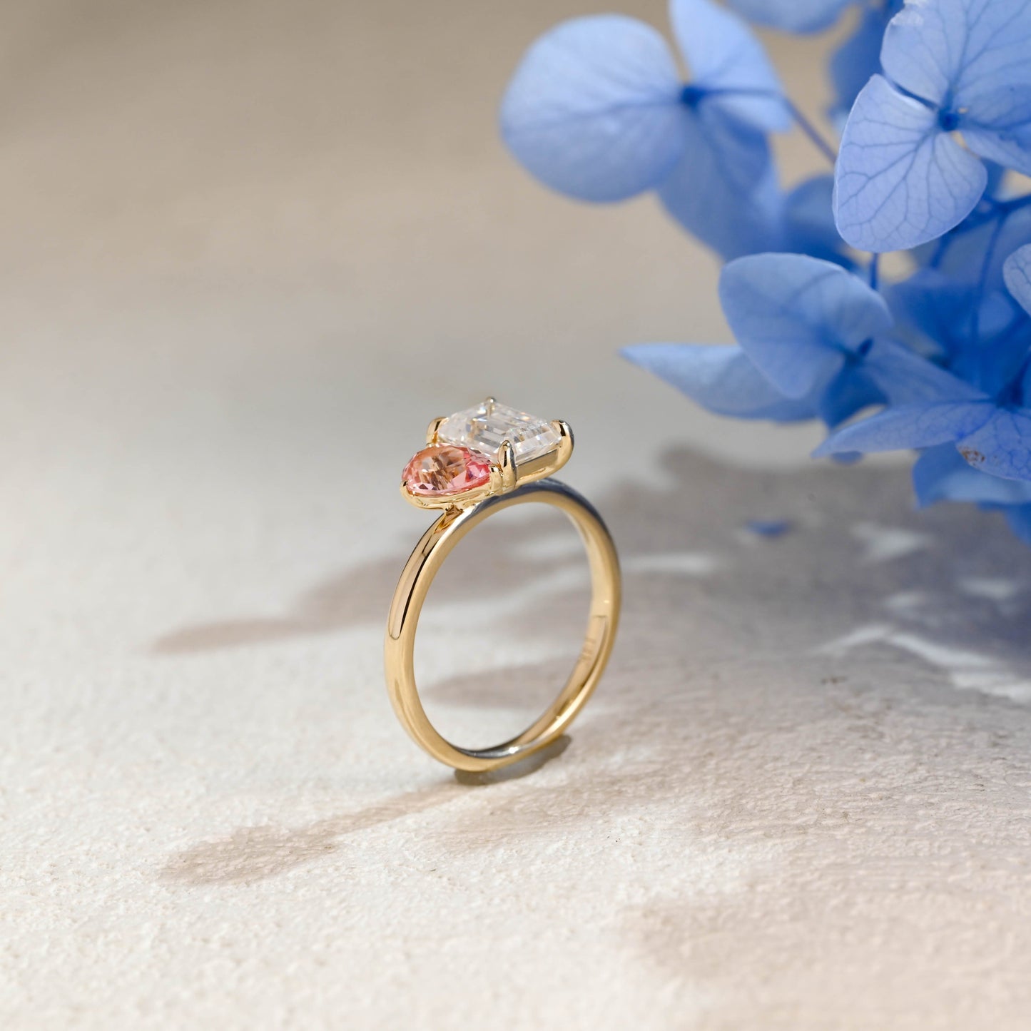 CausYou toi et moi engagement ring Solid Gold Toi et Moi Ring, Pear Lab Grown Sapphire & Emerald Moissanite Engagament Ring