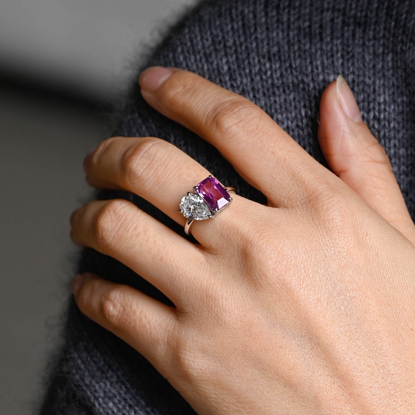 CausYou toi et moi engagement ring Solid Gold Toi Et Moi Ring, Pear Moissanite & Lab Grown Purple Sapphire Engagement Ring, Wedding Ring for Women