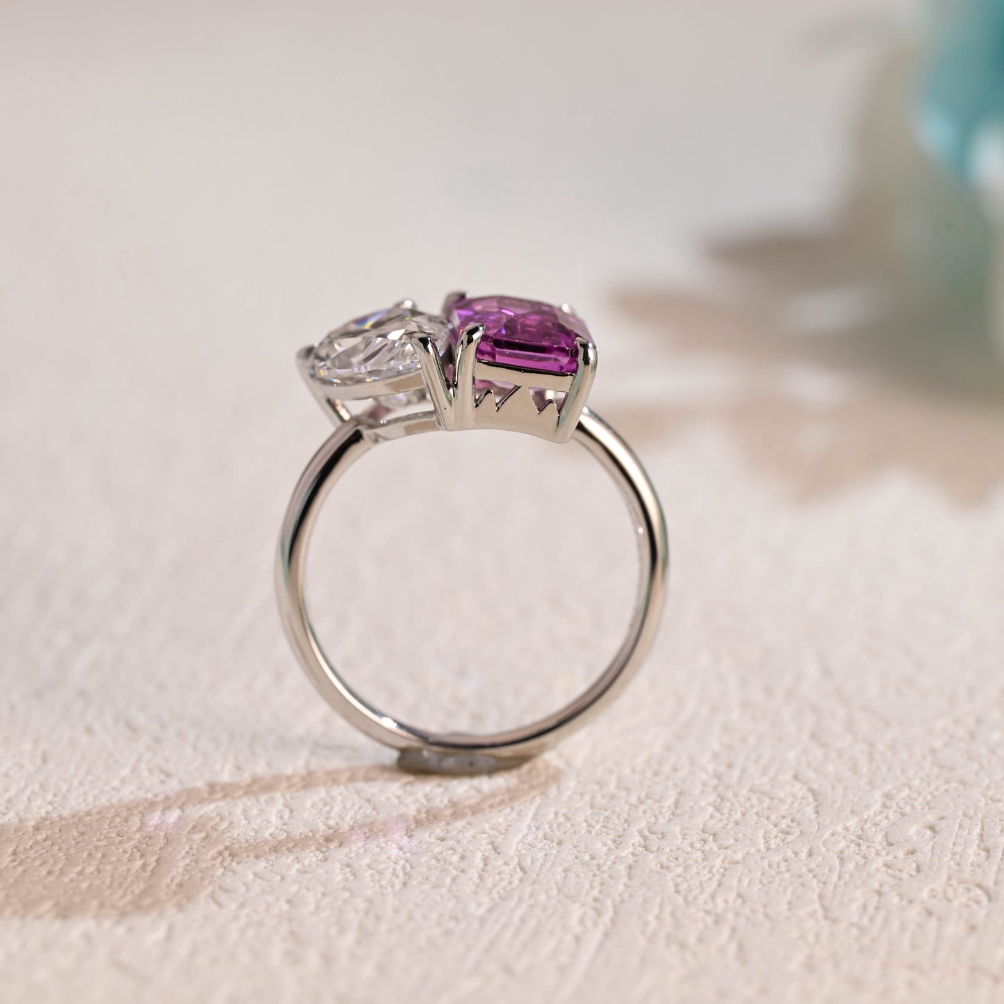 CausYou toi et moi engagement ring Solid Gold Toi Et Moi Ring, Pear Moissanite & Lab Grown Purple Sapphire Engagement Ring, Wedding Ring for Women
