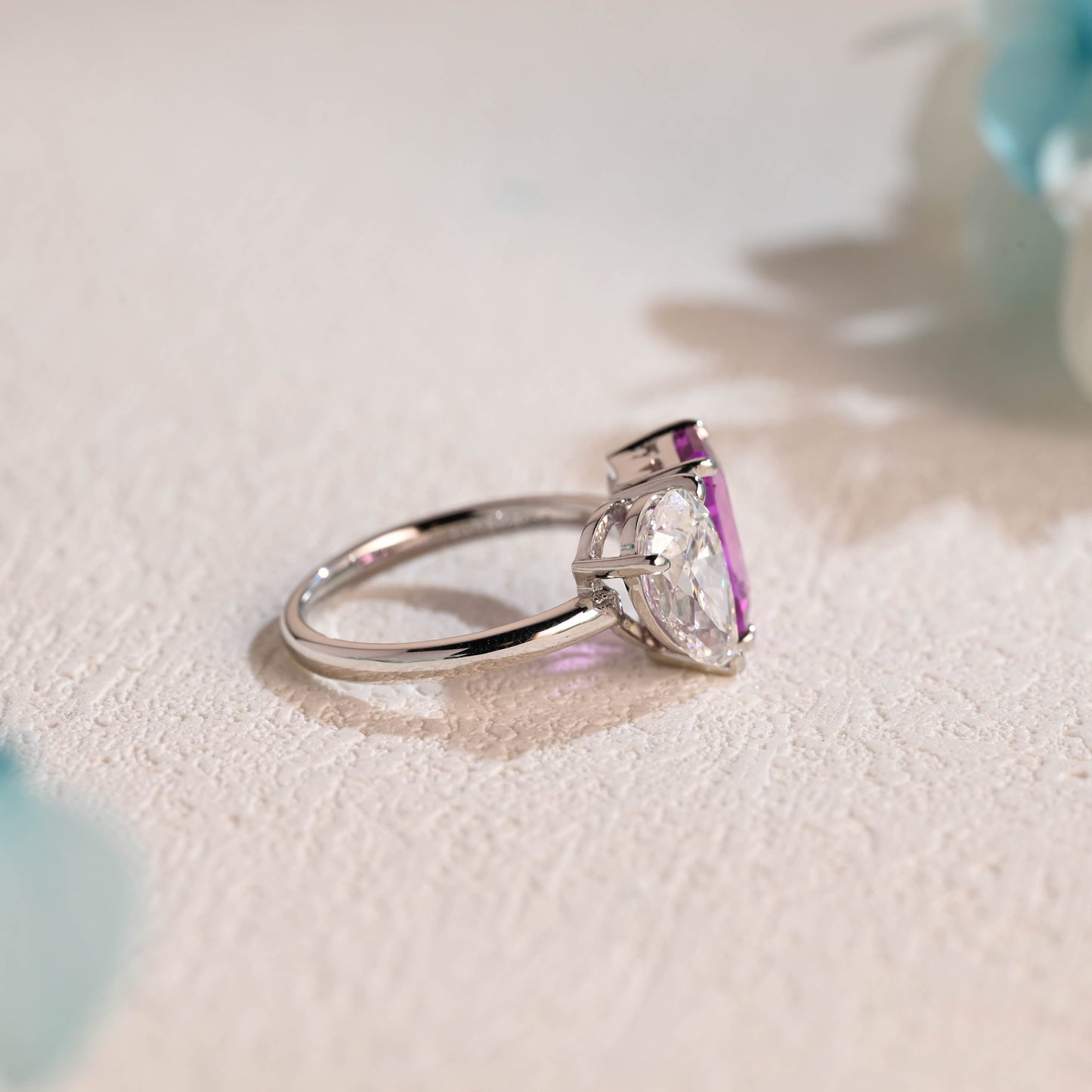 CausYou toi et moi engagement ring Solid Gold Toi Et Moi Ring, Pear Moissanite & Lab Grown Purple Sapphire Engagement Ring, Wedding Ring for Women