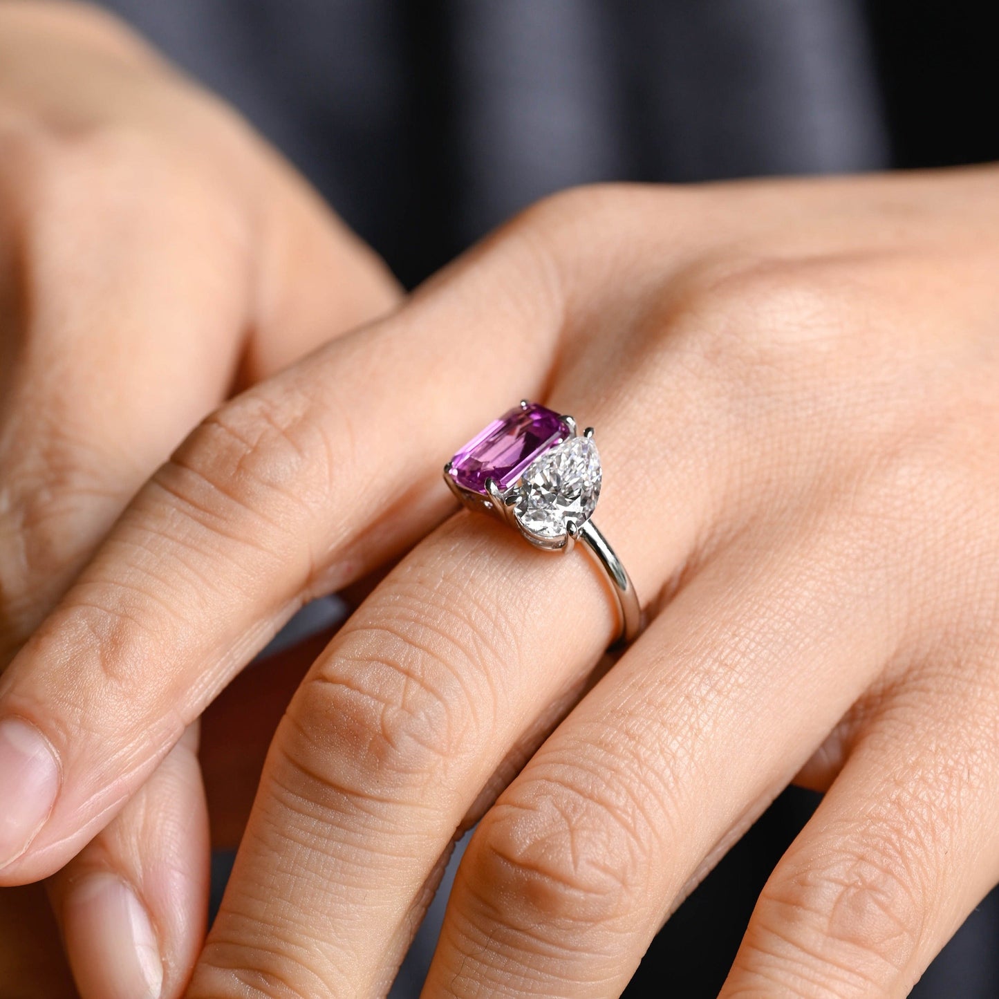 CausYou toi et moi engagement ring Solid Gold Toi Et Moi Ring, Pear Moissanite & Lab Grown Purple Sapphire Engagement Ring, Wedding Ring for Women