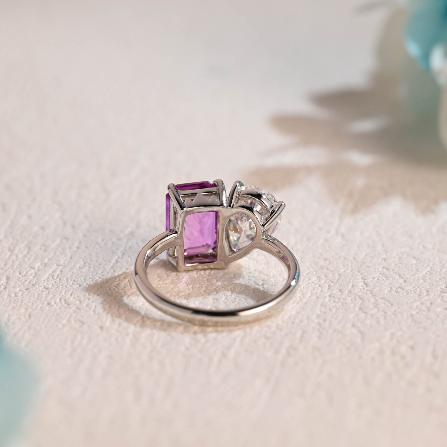 CausYou toi et moi engagement ring Solid Gold Toi Et Moi Ring, Pear Moissanite & Lab Grown Purple Sapphire Engagement Ring, Wedding Ring for Women