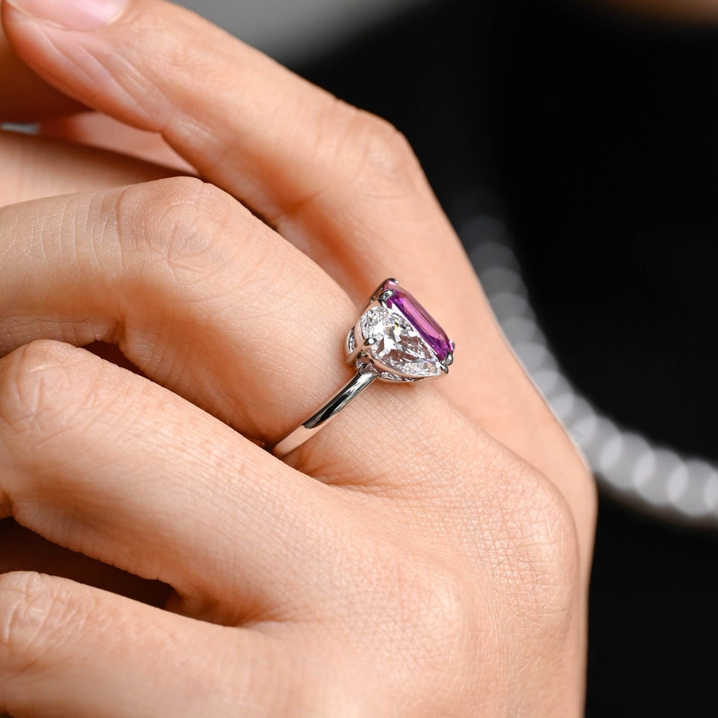 CausYou toi et moi engagement ring Solid Gold Toi Et Moi Ring, Pear Moissanite & Lab Grown Purple Sapphire Engagement Ring, Wedding Ring for Women