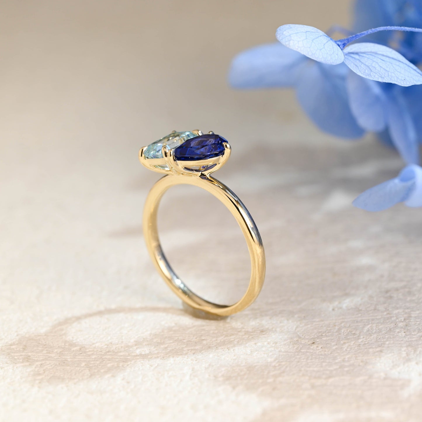 CausYou toi et moi engagement ring Toi et Moi Ring, Solid Gold Emerald Lab Grown Aquamarine Sapphire & Pear Blue Sapphire Engagement
