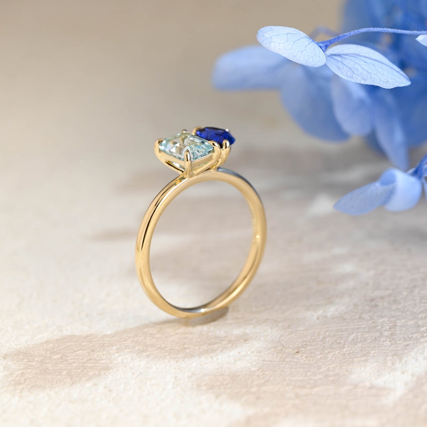 CausYou toi et moi engagement ring Toi et Moi Ring, Solid Gold Emerald Lab Grown Aquamarine Sapphire & Pear Blue Sapphire Engagement