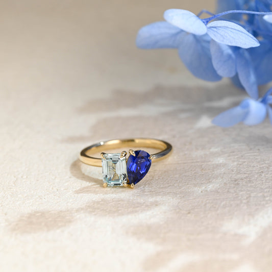 CausYou toi et moi engagement ring Toi et Moi Ring, Solid Gold Emerald Lab Grown Aquamarine Sapphire & Pear Blue Sapphire Engagement