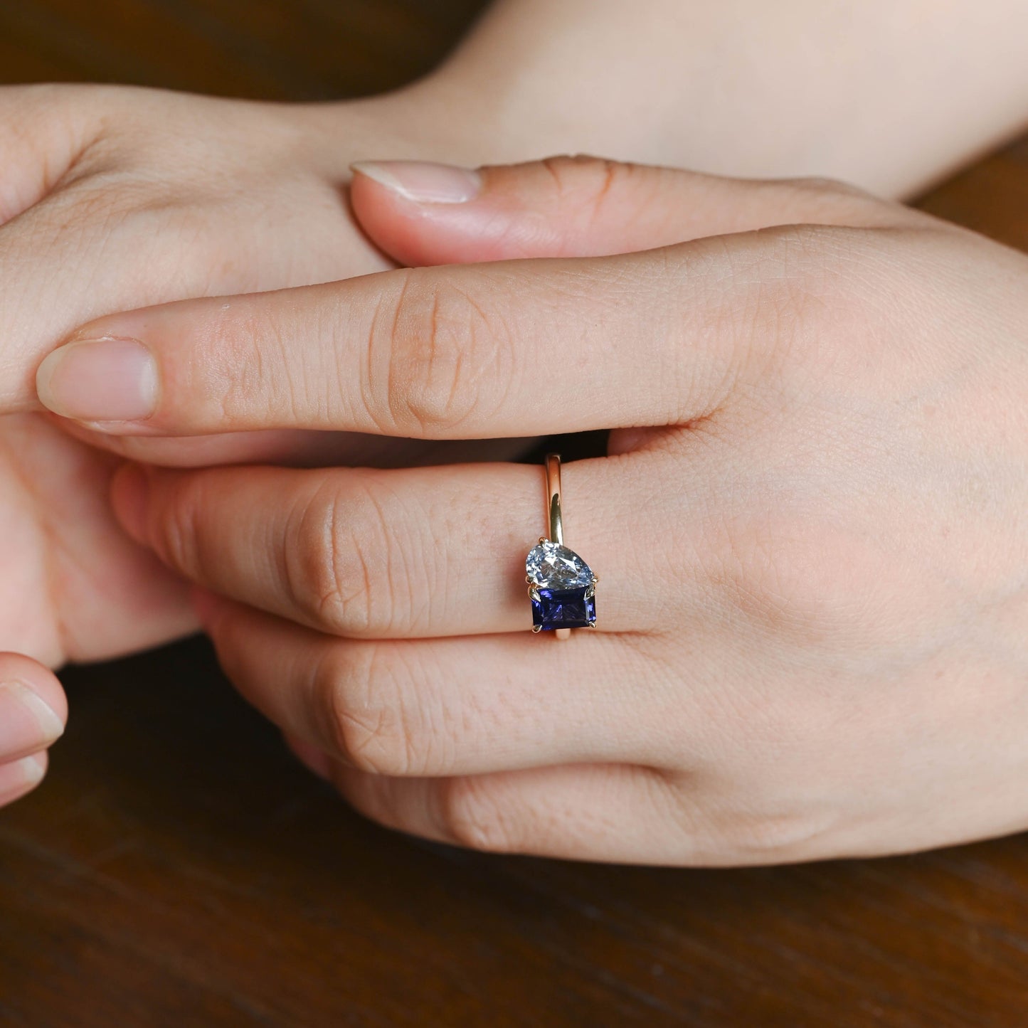 CausYou toi et moi engagement ring Toi et Moi Ring, Solid Gold Emerald Lab Grown Blue Sapphire & Pear Aquamarine Sapphire Engagement Ring