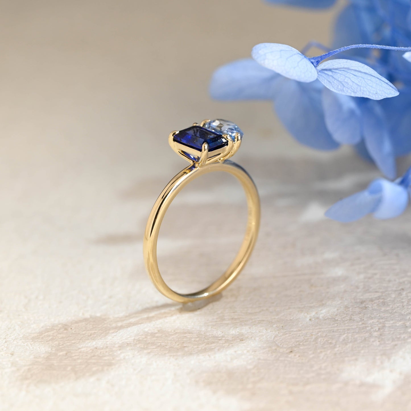 CausYou toi et moi engagement ring Toi et Moi Ring, Solid Gold Emerald Lab Grown Blue Sapphire & Pear Aquamarine Sapphire Engagement Ring