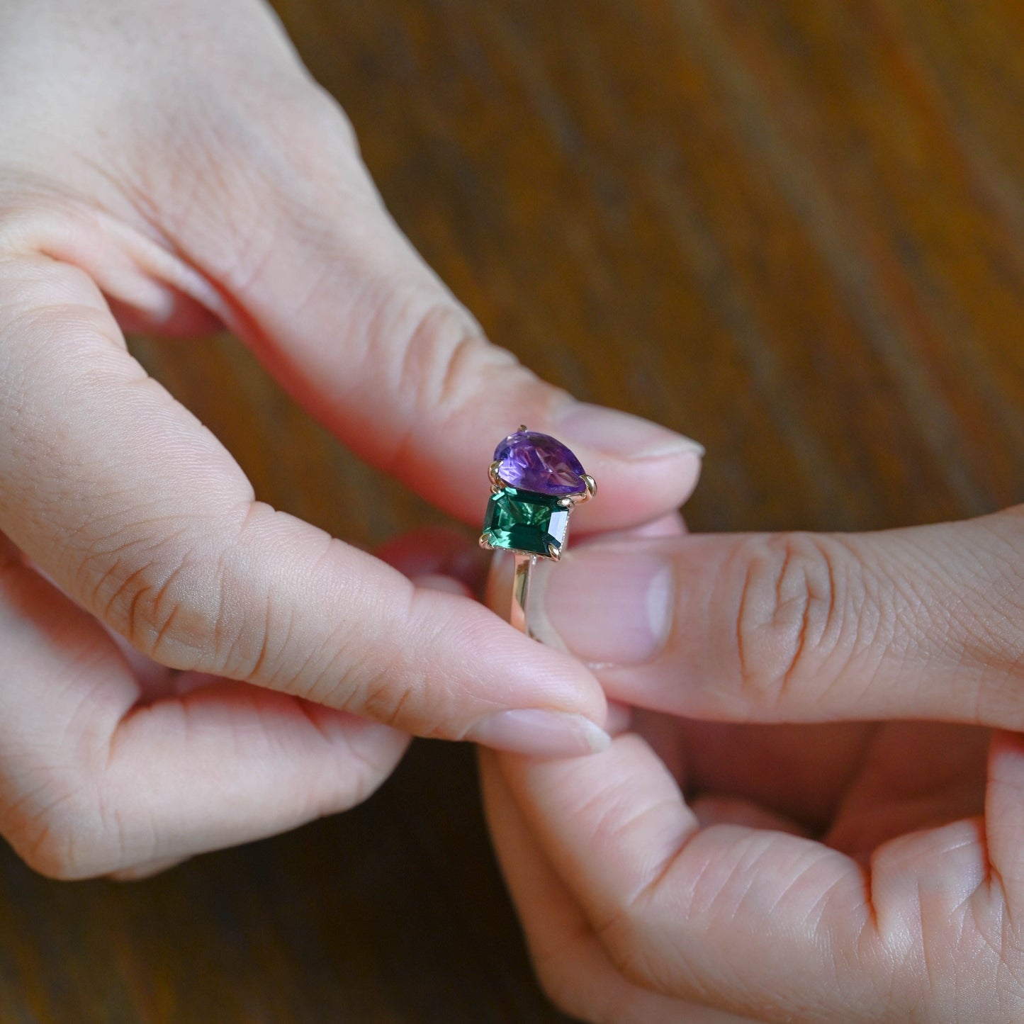 CausYou toi et moi engagement ring Toi et Moi Ring, Solid Gold Hidden Halo Lab Grown Emerald & Pear Cut Alexandrite Engagement Ring