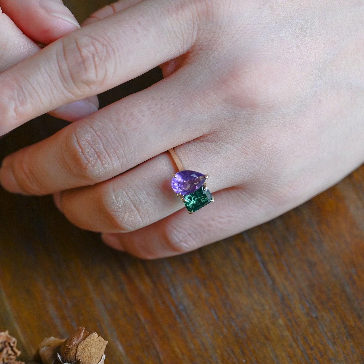 CausYou toi et moi engagement ring Toi et Moi Ring, Solid Gold Hidden Halo Lab Grown Emerald & Pear Cut Alexandrite Engagement Ring