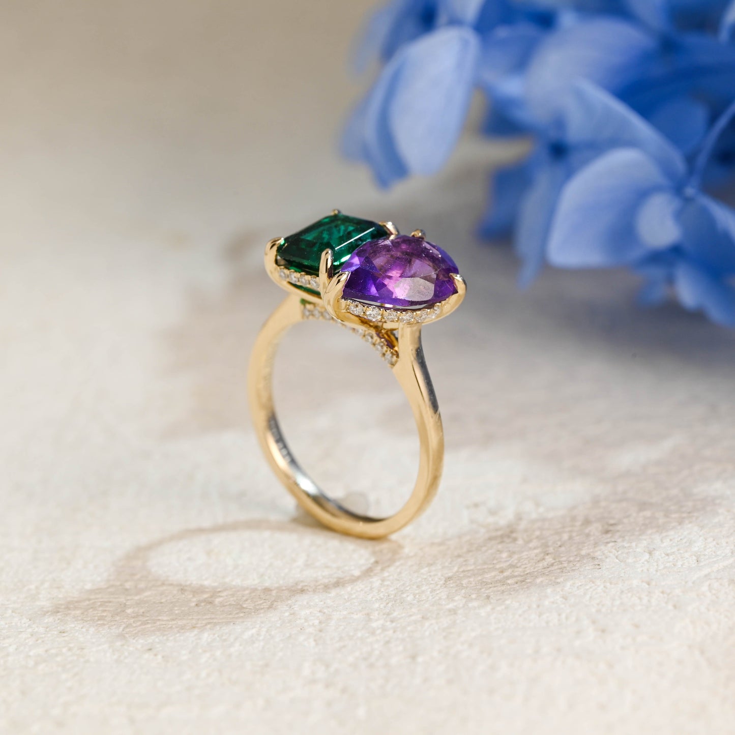 CausYou toi et moi engagement ring Toi et Moi Ring, Solid Gold Hidden Halo Lab Grown Emerald & Pear Cut Alexandrite Engagement Ring